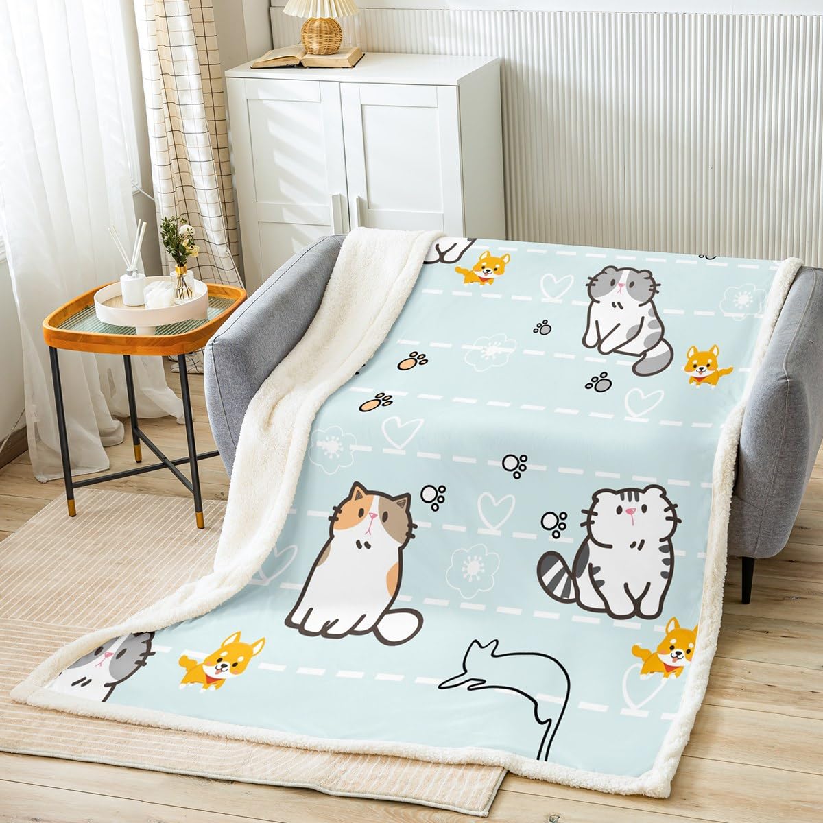 Kinderen cartoon kat sherpa deken schattige huisdier katten patroon fleece deken voor kinderen jongens meisjes 3D mooie kitten decor pluche deken visgraat pluizige deken voor slaapbank, tweepersoons