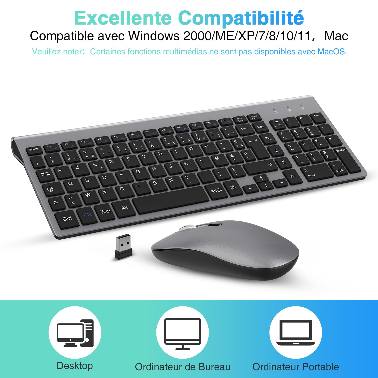 Ensemble Clavier et Souris sans Fil, cimetech Claiver AZERTY Français, Pack Clavier et Souris, Set Silencieux avec Récepteur Nano USB 2.4GHz, Compatible avec Windows/MacOS, Windows PC Laptop - Gris