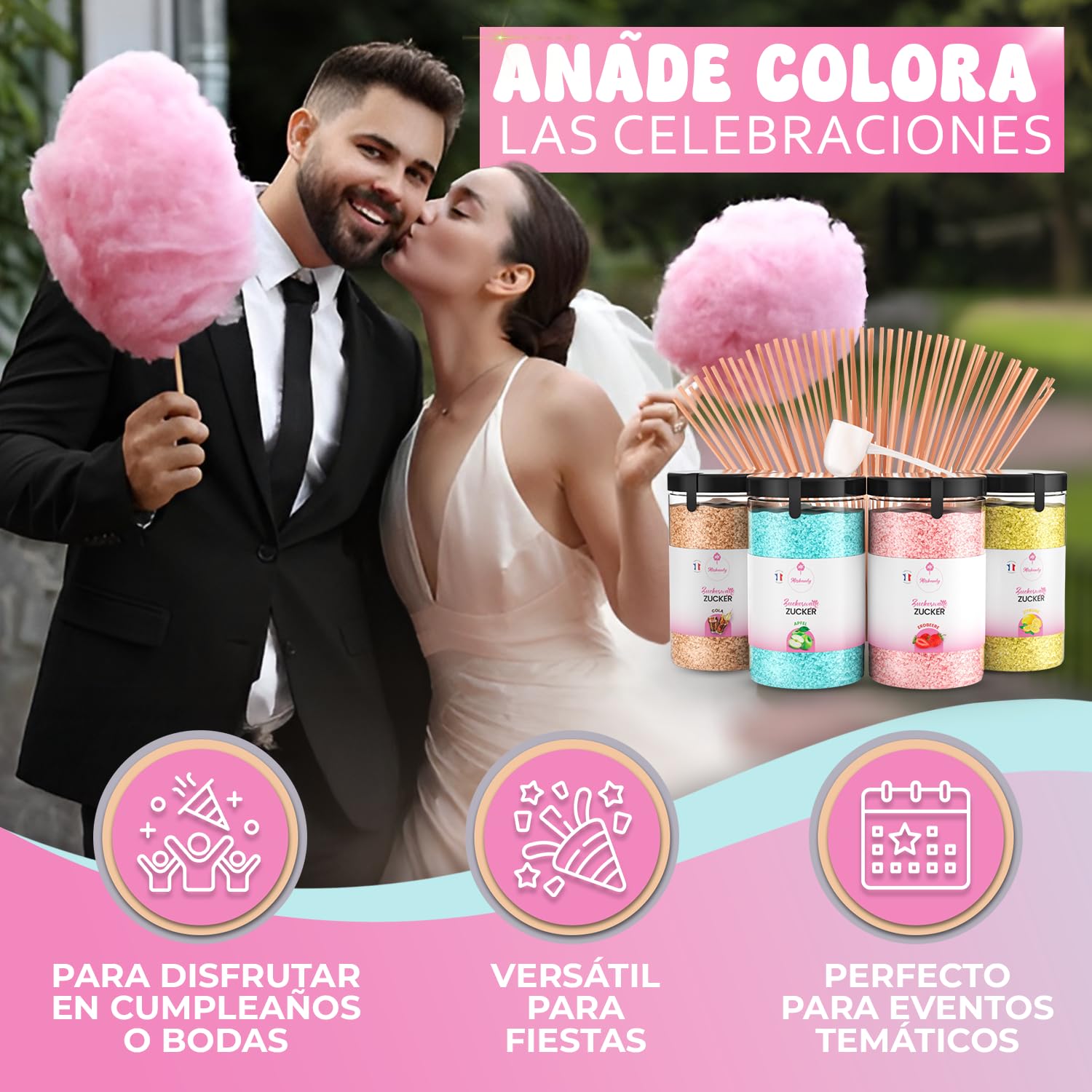 Misskandy® algodón de azúcar para máquina- Pack de 4 * 240Gr - (Sabores Naturales): Sabores: Fresa/Manzana/Cola/Limón + 50 palitos (gratis)
