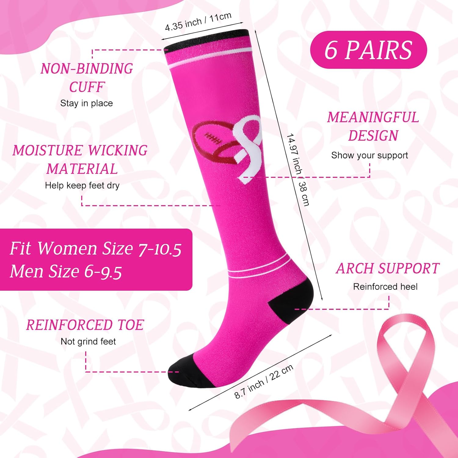 Cozypower 12 Pairs Breast Cancer Awareness Sleeves and Socks Pink Ribbon Football Arm Sleeves Knee High Socks for Youth Sport