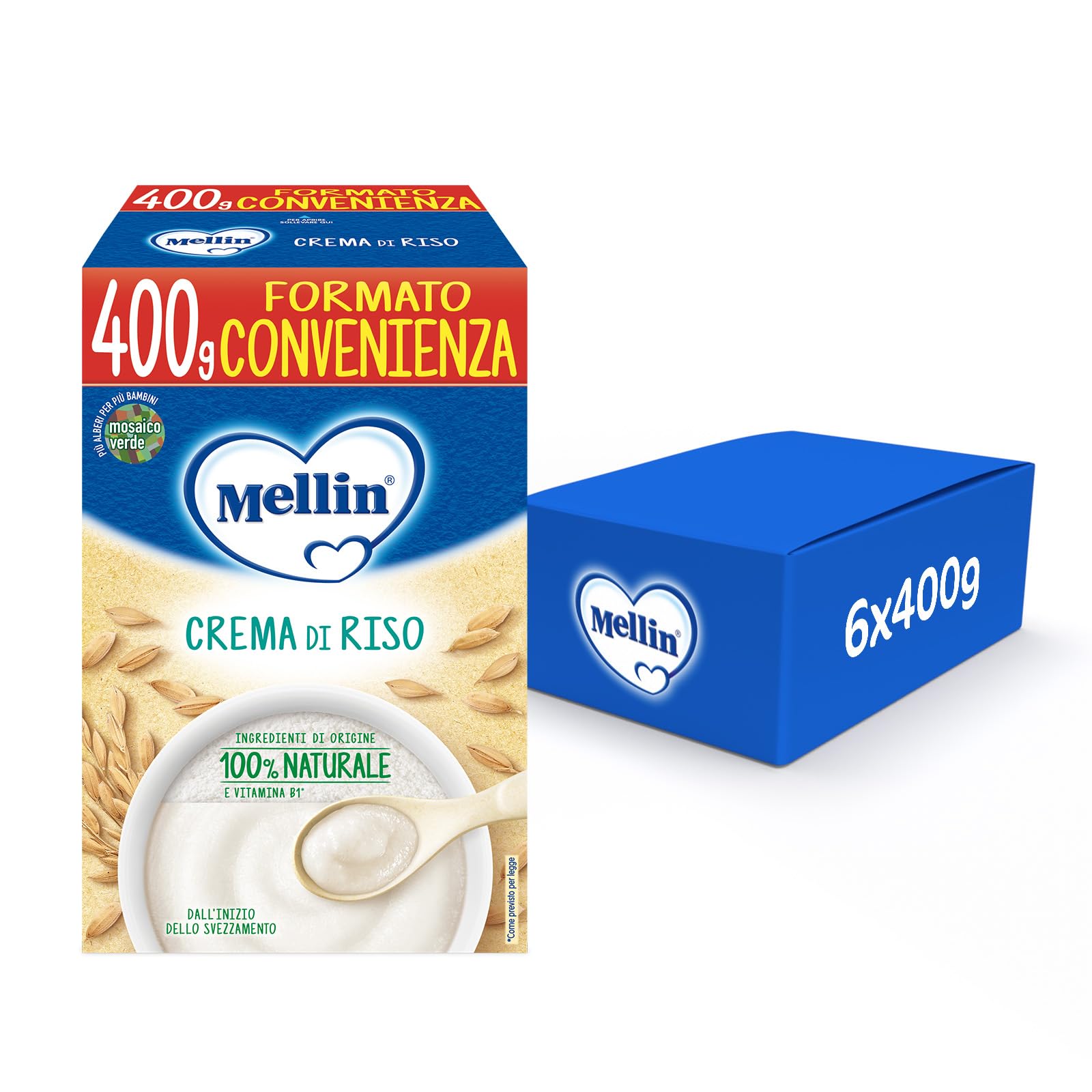 Mellin - Crema di Riso - Alimento con Vitamina B1, per Bambini dal 4° Mese Compiuto - 6 Confezioni da 400gr (Totale 2400gr)
