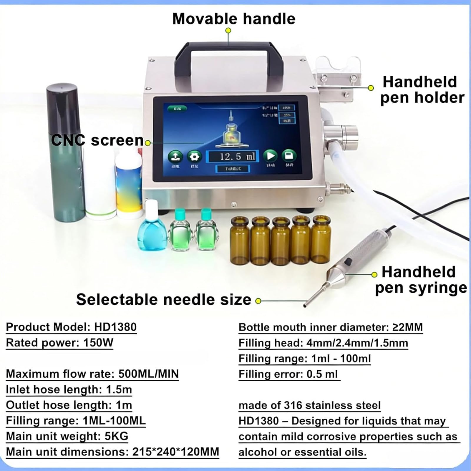 Automatyczna maszyna do napełniania małych butelek płynami, z panelem LCD i dyszą igłową; dozowanie w zakresie 1–100 ml, do olejków eterycznych, perfum i kropli do oczu. HD1380