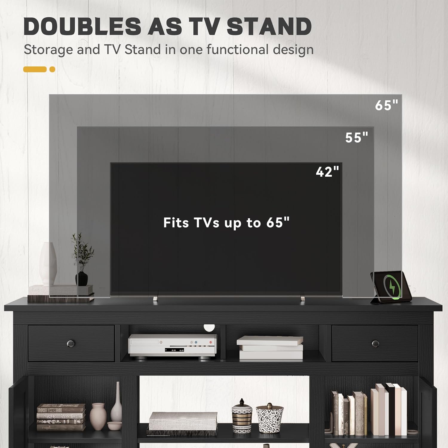 YITAHOME Farmhouse TV Stand for 65-Inch TV, Entertainment Center with Storage Cabinets & Drawers, TV Console for Living Room, Black - Image 3