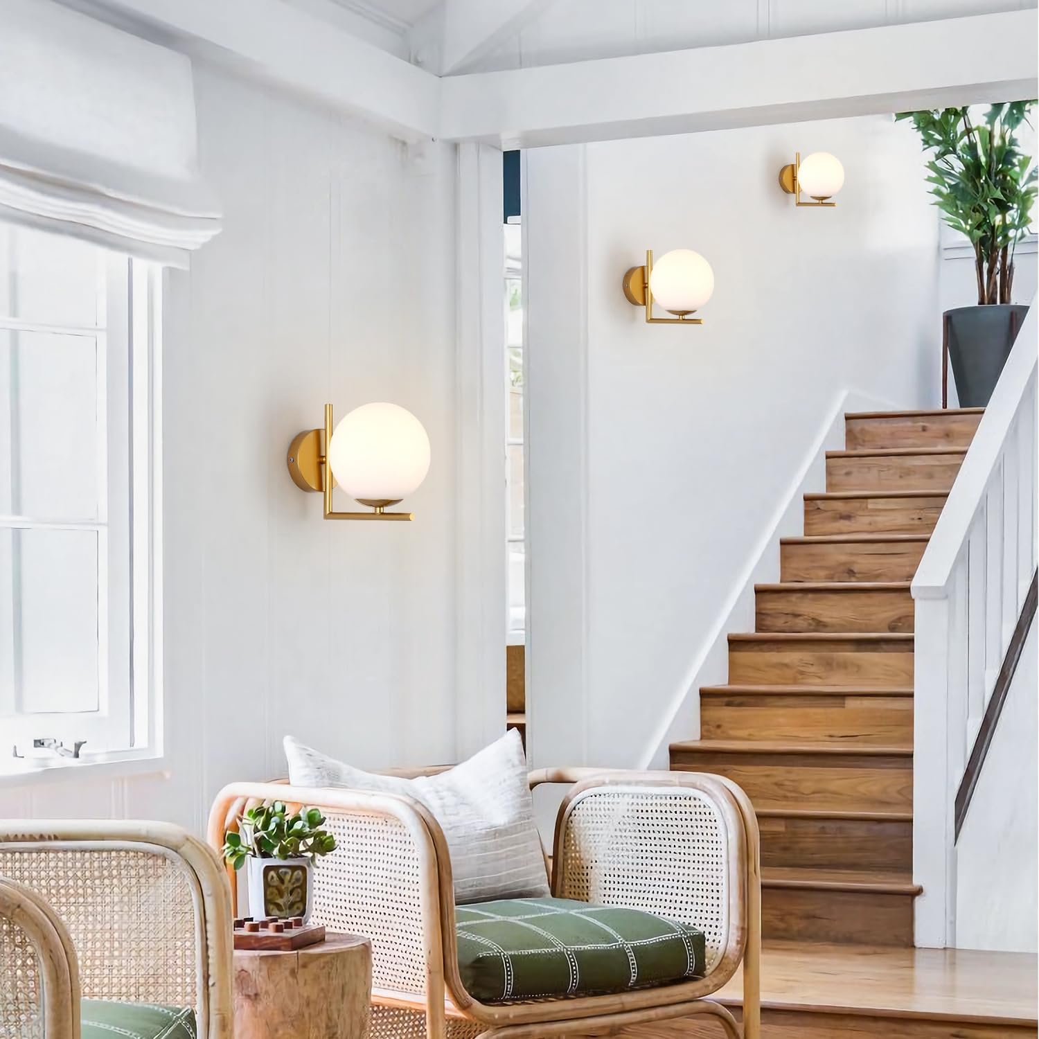 BOKT Mid Century Modern Gold Wall Sconce Lighting Brushed Brass Vanity Bathroom Wall Light Frosted White Glass Globe Wall Sconce Light Industrial Bedroom Bar Wall Lamp (Gold)