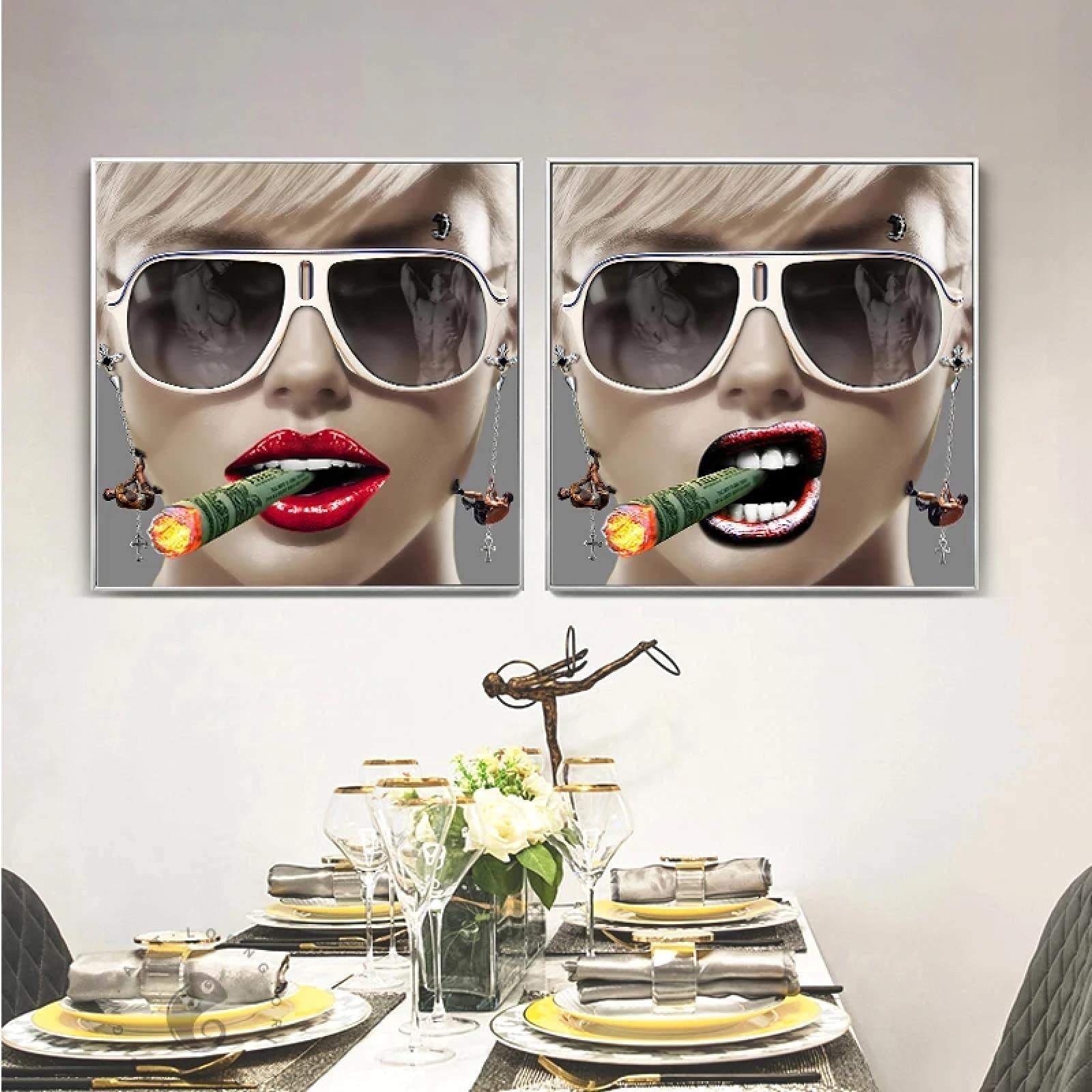 Chica de moda Dama Estilo exagerado Lienzo Pintura Carteles de pared Impresión de arte Imágenes Sala de estar Casa Decoración para el hogar 50x50x2cm Marco interno
