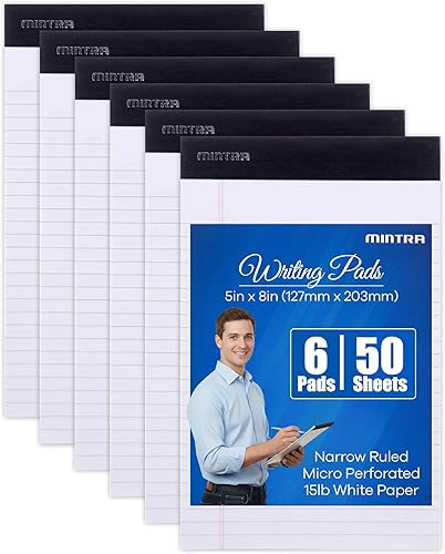 Mintra Office - Papel de cuaderno microperforado para escuela, universidad, oficina, negocios con 50 hojas por bloc, blanco básico, 5 x 8 pulgadas,