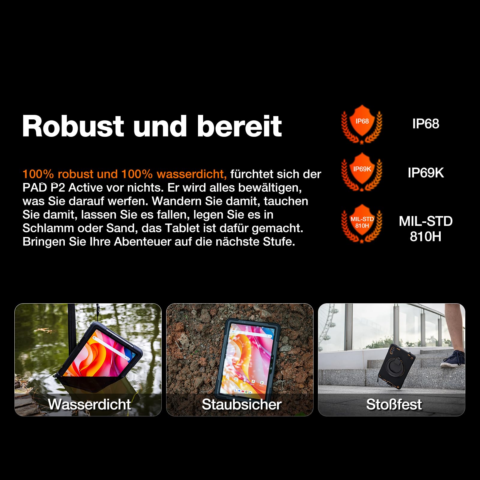 AGM Outdoor Tablet, Helio G99,8 GB + 256GB, Android 14, IP68/69K/Dual SIM 4G LTE/5G Hz WiFi/OTG//Widevine L1/Kompass/G-AI