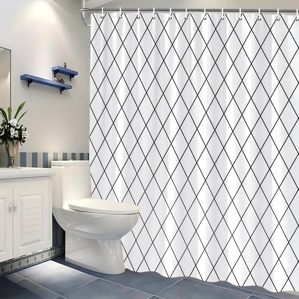 Cortina de Ducha Moderna con Estampado de Rombos en Blanco y Negro,Extra Larga,Lavable a máquina,de poliéster con Ganchos,Elegante diseño geométrico para decoración de baño,175 x 220 cm.