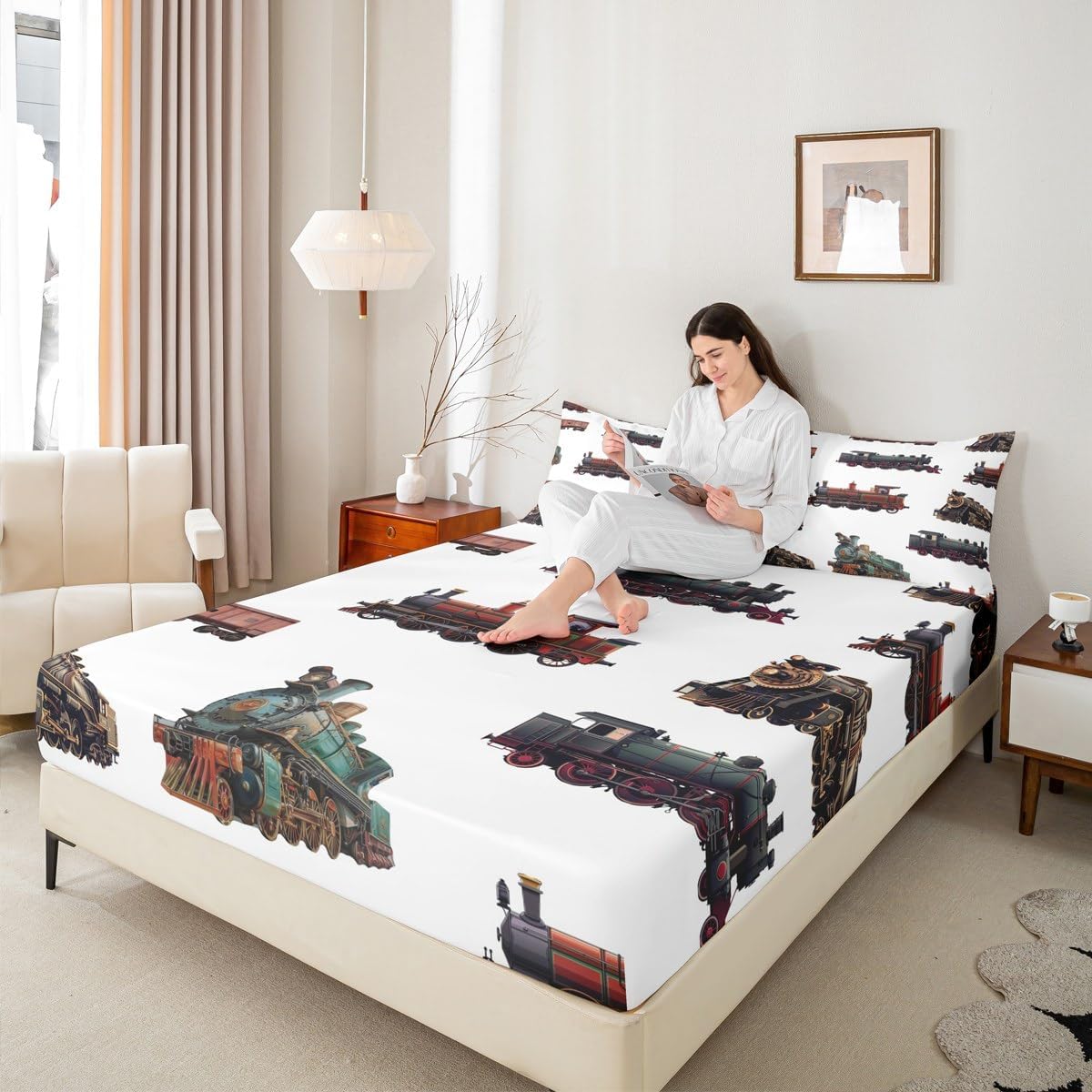 Feelyou Vintage Train for Kids Boys Retro Steam Engine Print Bed Sheets Queen Size Bedroom Decor Retro Steam Locomotive Train Print White Bedding Set with 2 Pillowcase (NO Top Sheet)