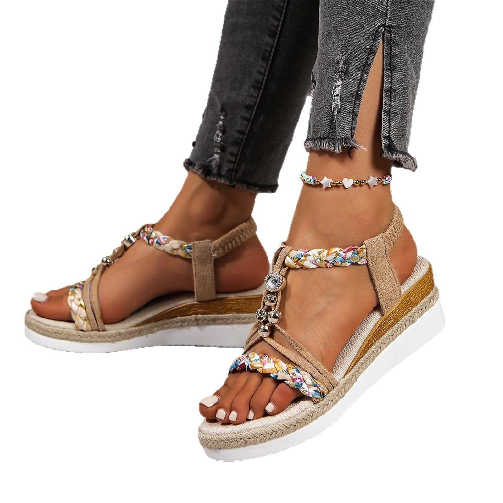 Sandales Compensées Femme Chaussures Antidérapantes Respirantes Et Nu-Pieds Bohême Bout Ouvert Avec Talon Plateforme Comfy Semi Trailer Sandales Orthopedique Chic Claquette