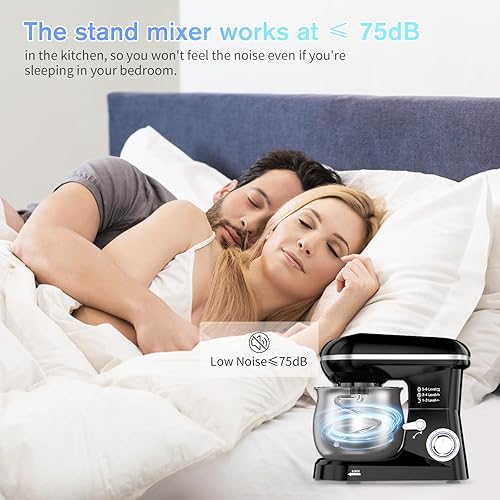 Miniatura 5 de Batidora eléctrica de pie de 6 velocidades con cuenco de acero inoxidable de 5.3 cuartos de galón, diseño de cabezal inclinable, incluye gancho para