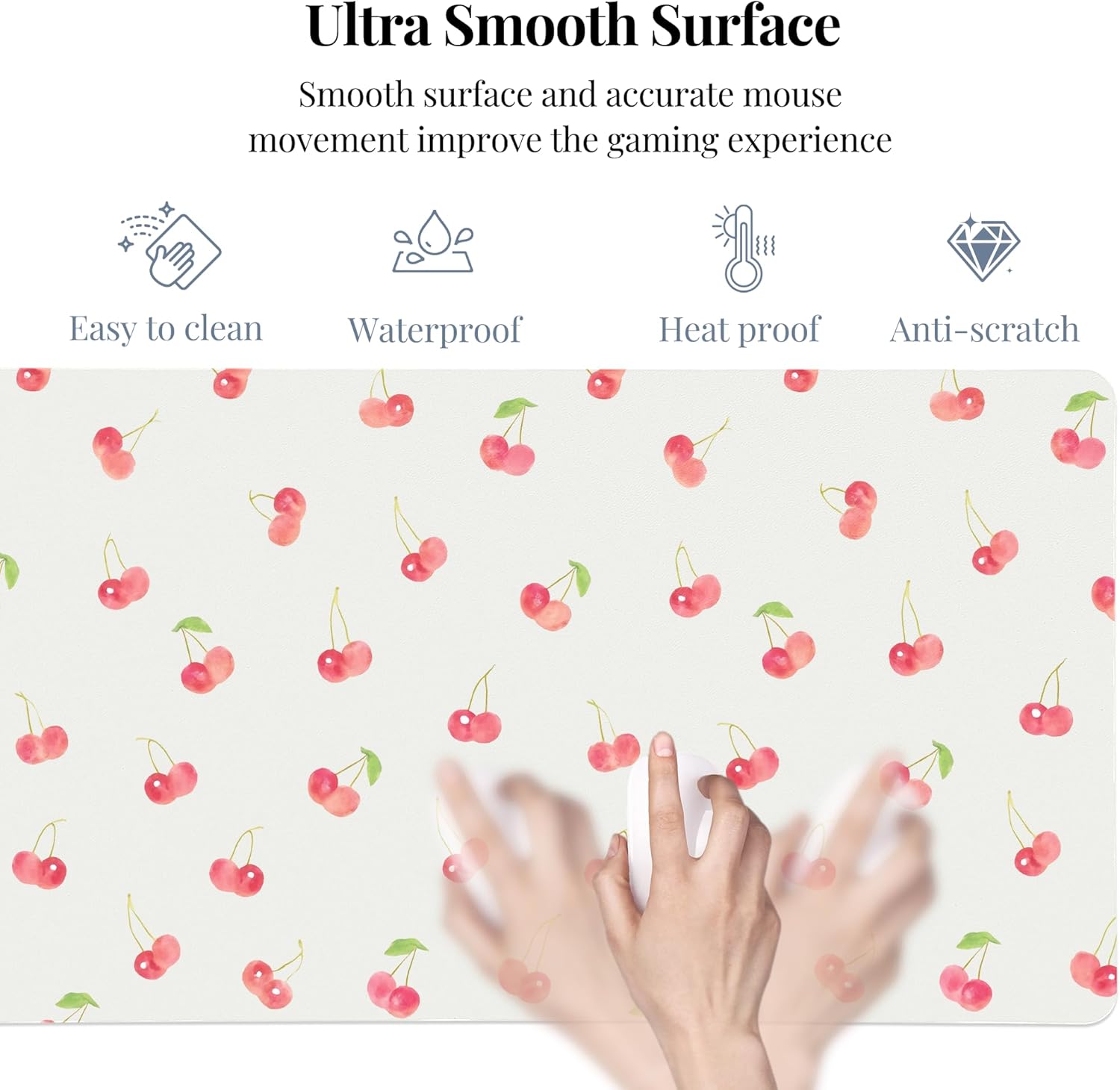 Idocolors Lovely Cherry Desk Mat, White Extended Gaming Keyboard Mouse Pad, Large Cute Kawaii Women Office Desk Cover Mat Protector 31.5"x15.7"