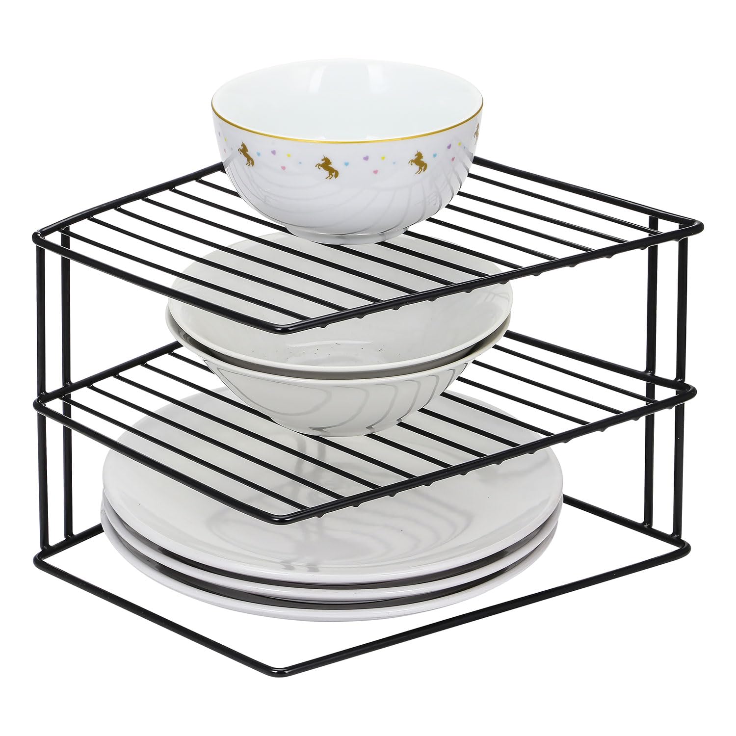 Greenfields 3 Tier Corner Kitchen Plate Rack, Tidy Cupboard Shelf Insert Organiser and Space Saver Unit - Premium Quality great for organising plates and saving cupboard space (Black)