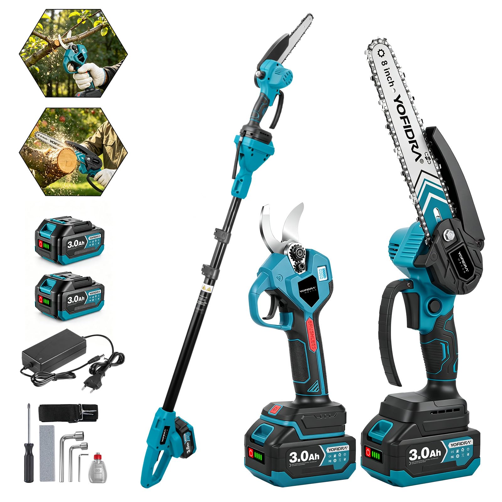 Yofidra 8 Zoll Elektrische Kettensäge mit Teleskopstange & 30mm Elektrische Astschere, Hochentaster Akku mit 2x3000mAh Akkus, 4-in-1 Gartenwerkzeug Set, Max. Reichweite bis 4,2m, blau
