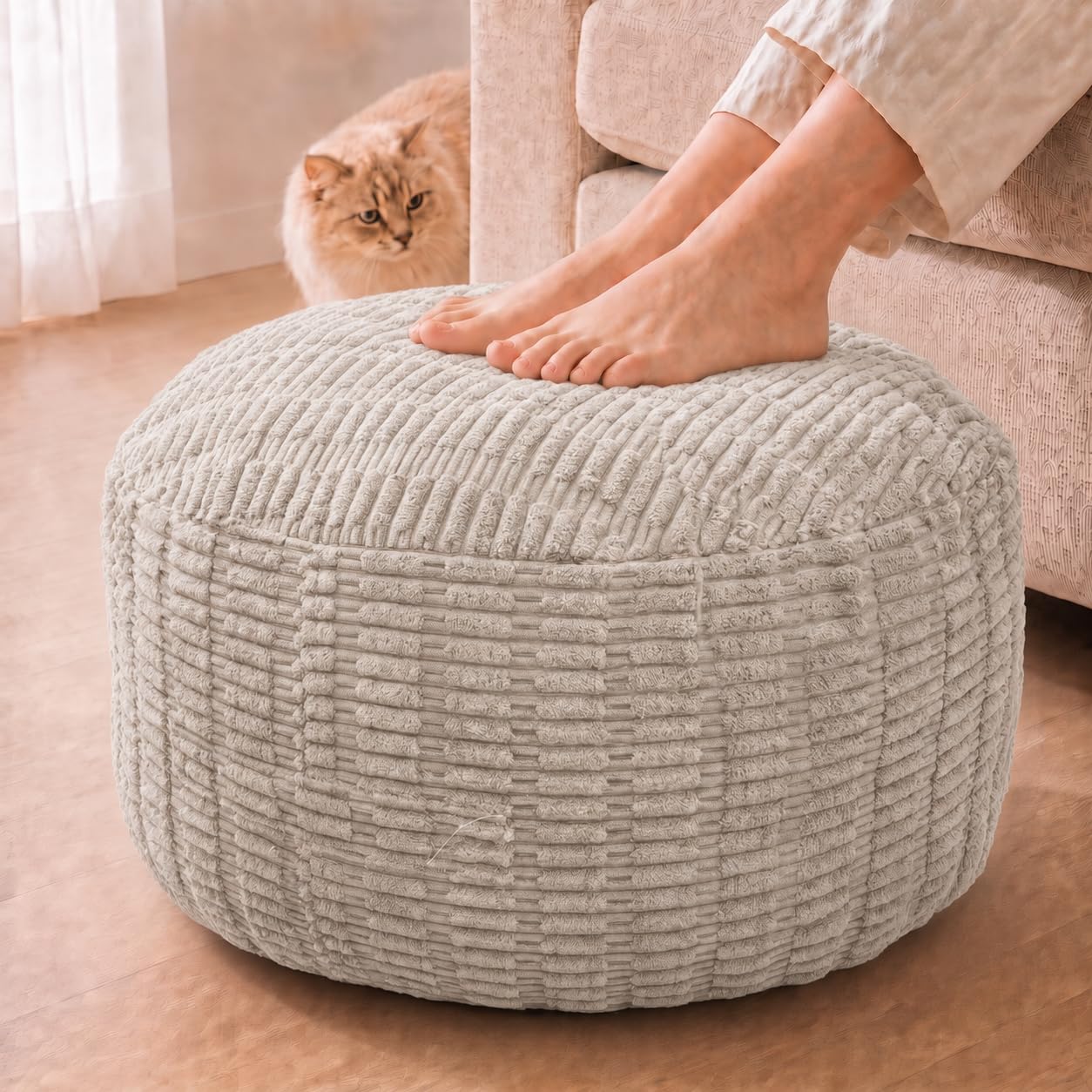 Round Pouf Ottoman, Light Gray, 28"x14", Corduroy Foot Rest