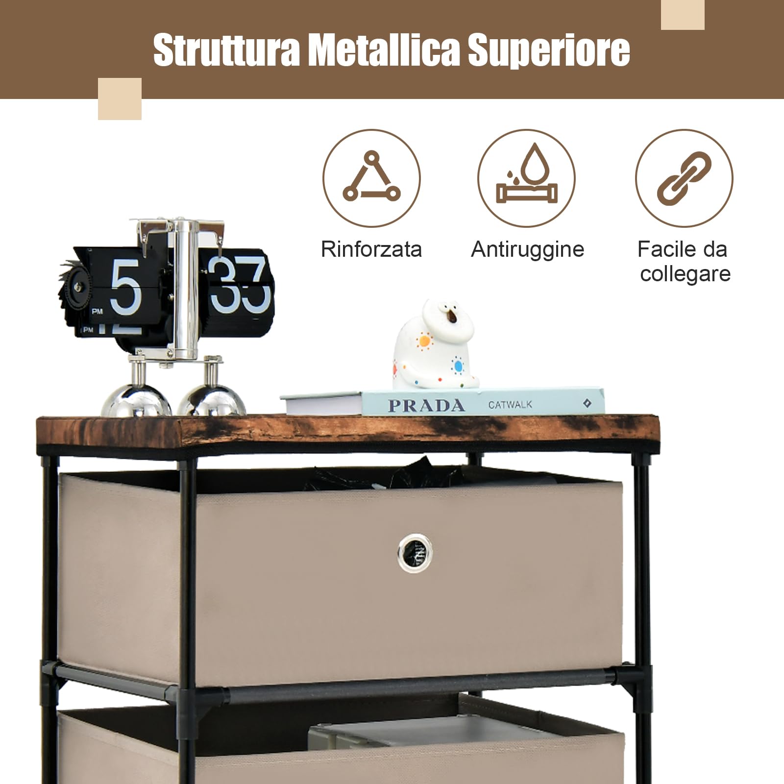GYMAX Comò Portaoggetti, Mobile Cassettiere in Tessuto, Struttura Metallica Robusta, con Cassetti Rimovibili e Pieghevoli (Caffè, 42 x 33,5 x 84,5 cm)
