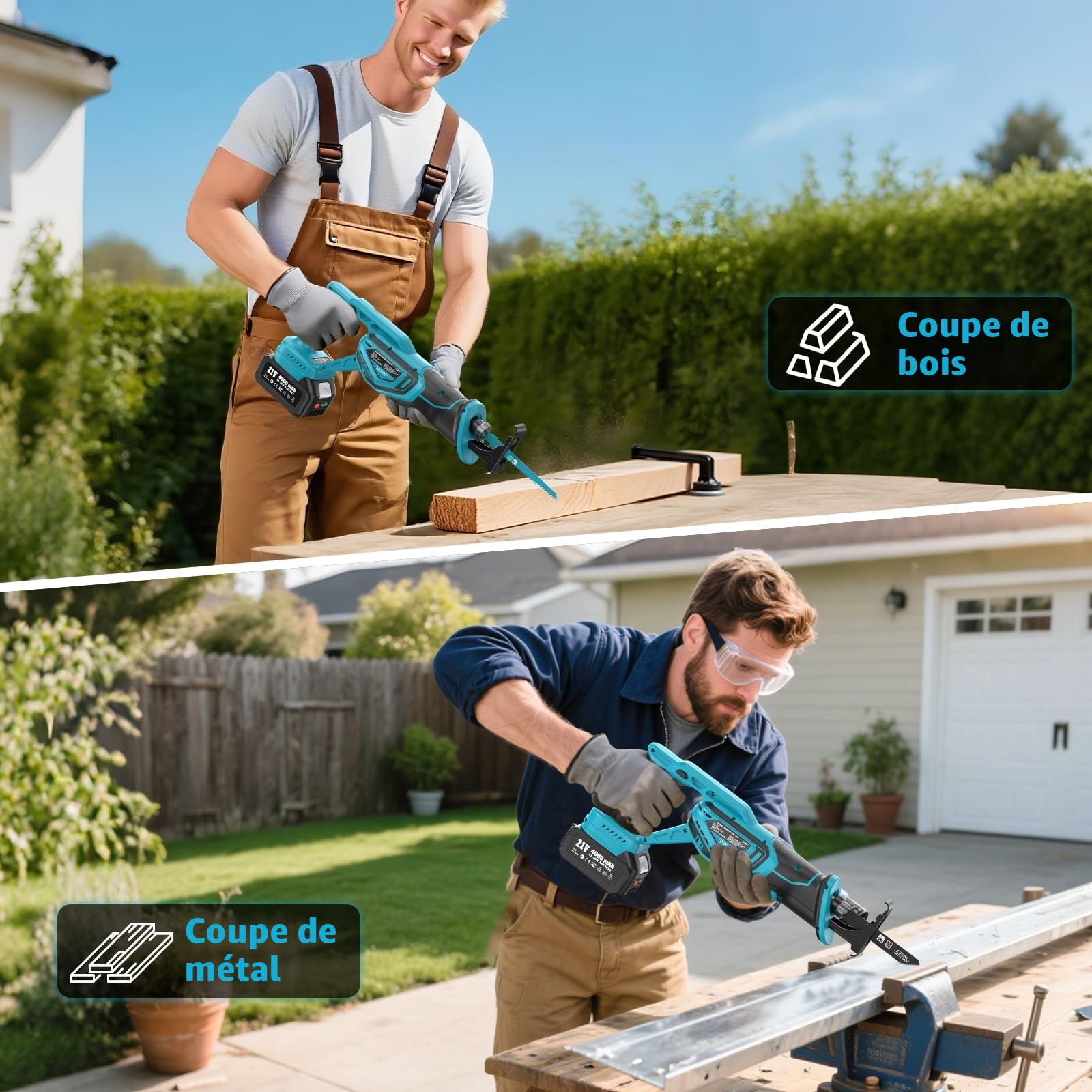 SEESII Scie sabre sans fil 21 V, moteur sans balais 3300 SPM, Scie alternativeavec 2 batteries 4.0Ah, 8 lames Pour bois, métal, PVC