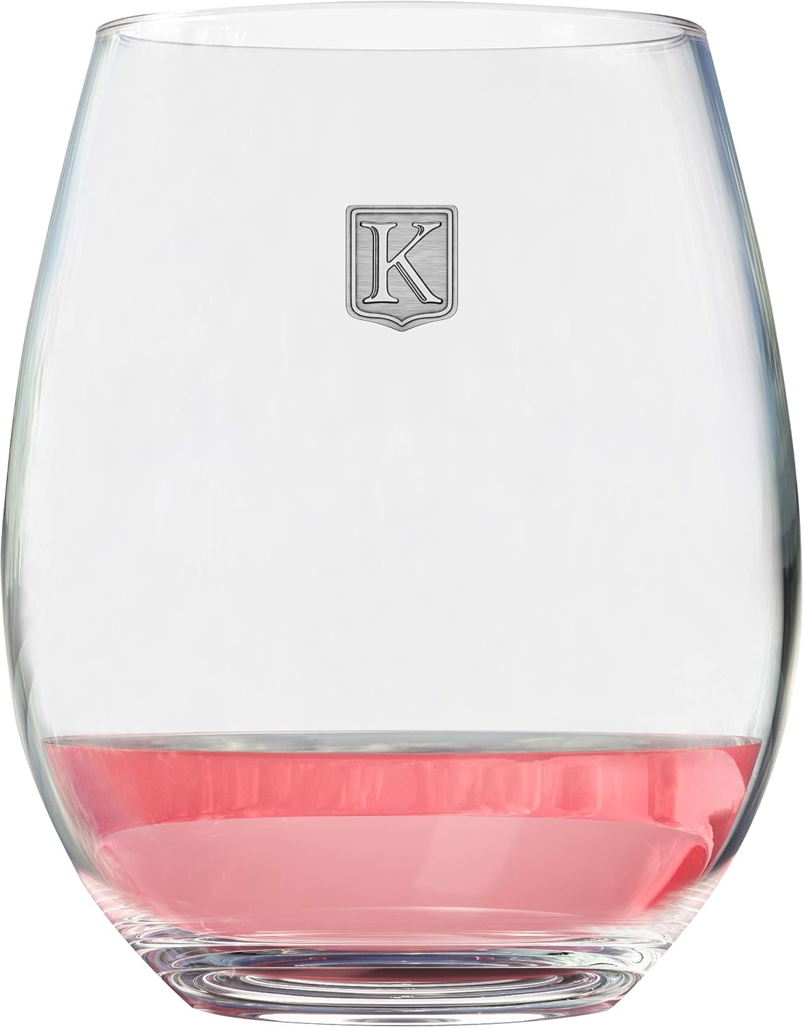 Premium Monogrammed Stemless Wine Glass - Pick Your Letter - Unique Gift Handmade Personalized Polished Pure Pewter Metal Crest - Customized by Fine Occasion (K) - 21oz