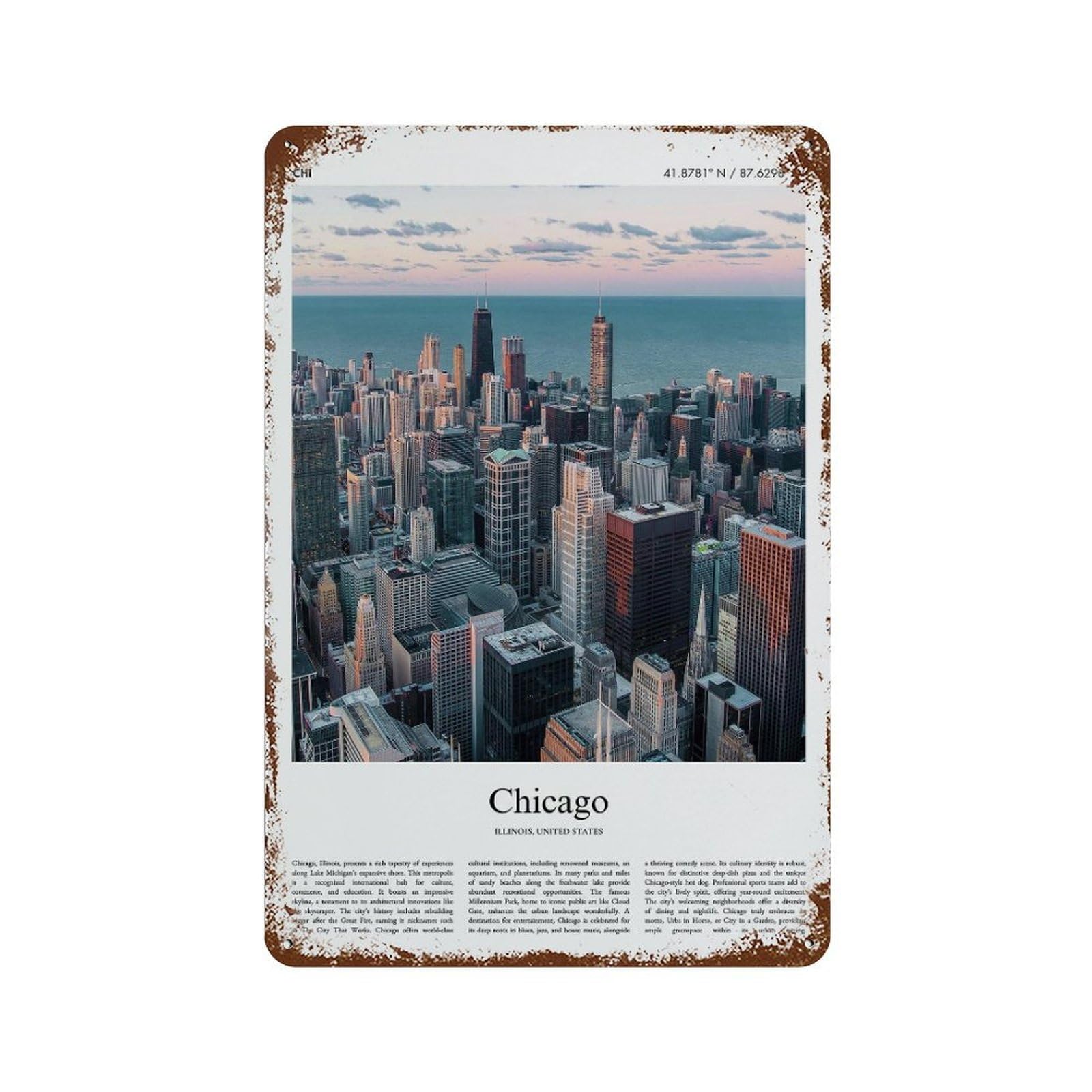 xiaoxiaoshen Chicago Illinois, United States, USA City Scenery Wall Decor Art Metal Tin Poster Modern Home Decor Art Home Bar Shop Decorations Vintage Sign 30x20cm