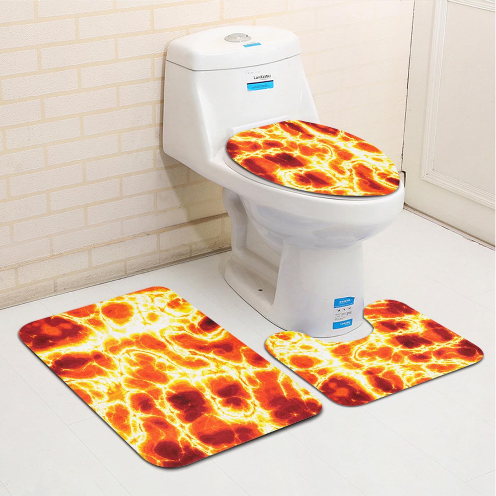 3pcs Non Slip Bath Mat Set,Burnt Orange Hot Burning Lava Texture Bursting  Fire Flames Volcanic Heated Magma I,Memory Foam Bath Shower Mat Bathroom Mat  Carpet,U-Shaped Contour Mat and Toilet Seat Cover :