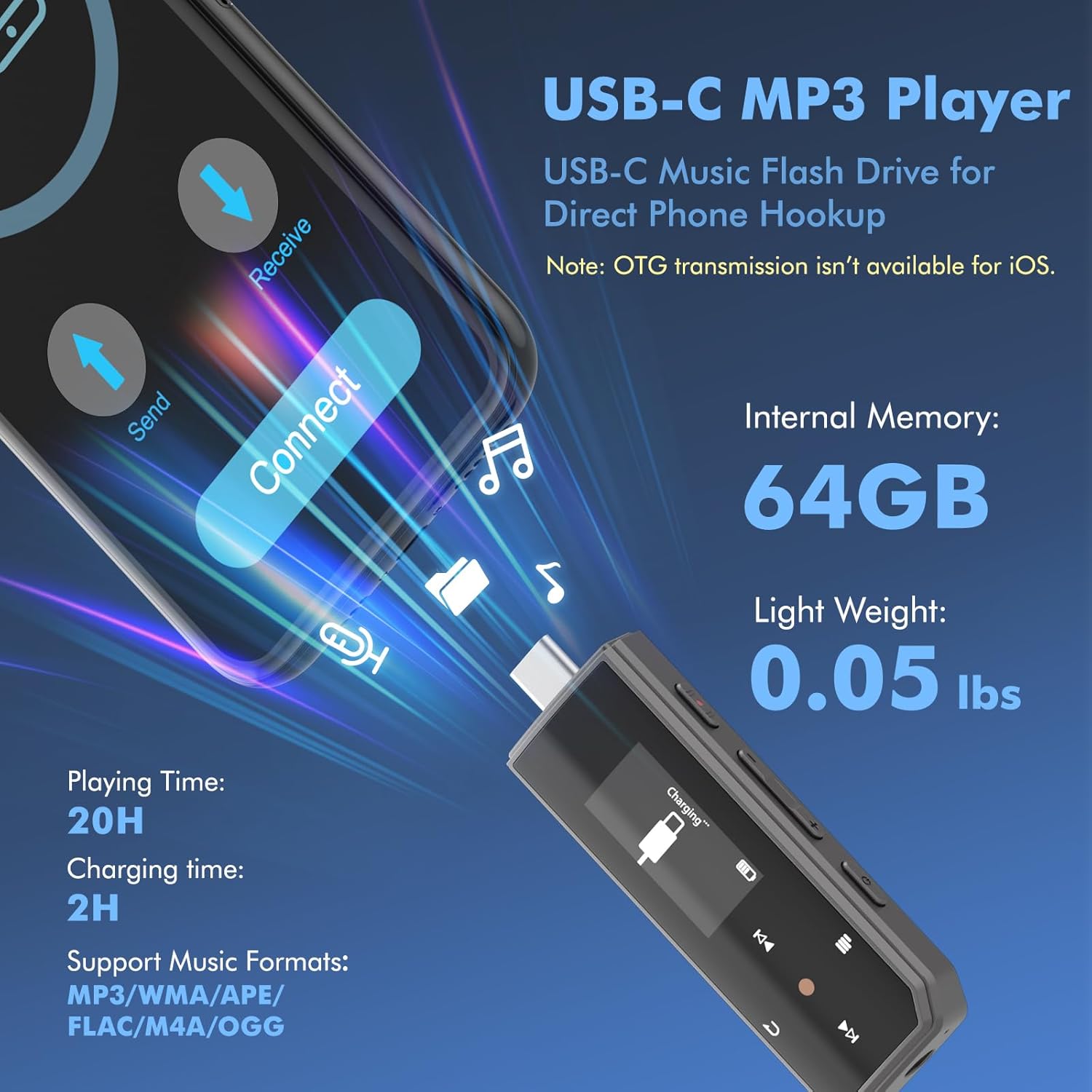 RUIZU X80 MP3 Player connected to a phone and laptop for file منتقلي