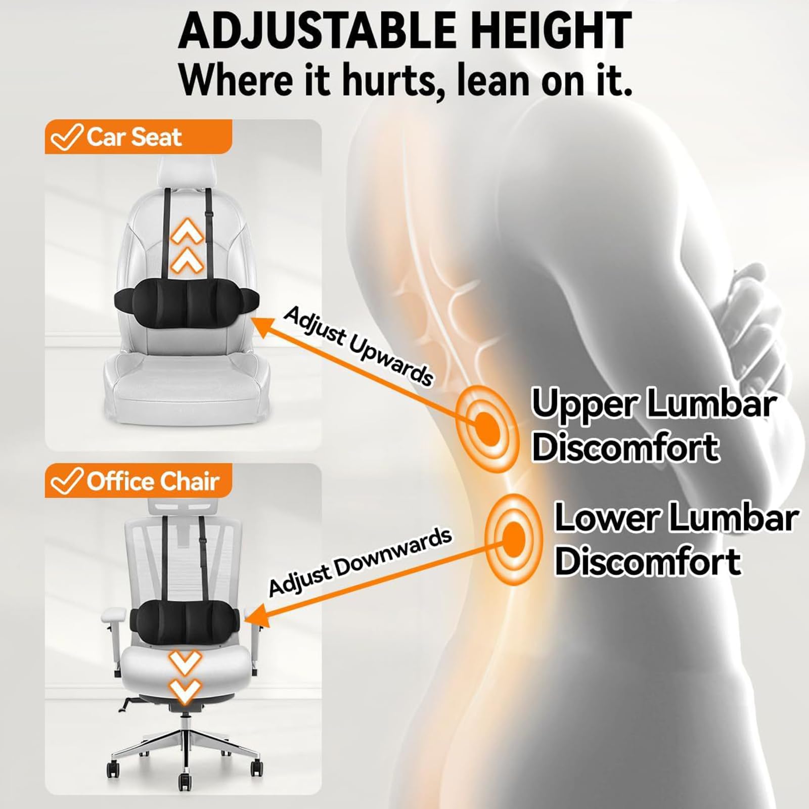 Cuscino Lombare Auto in Memory Foam, Supporto Lombare Regolabile con Cinghia, Copertura Lavabile per Auto, Ufficio e Casa, Comfort Duraturo