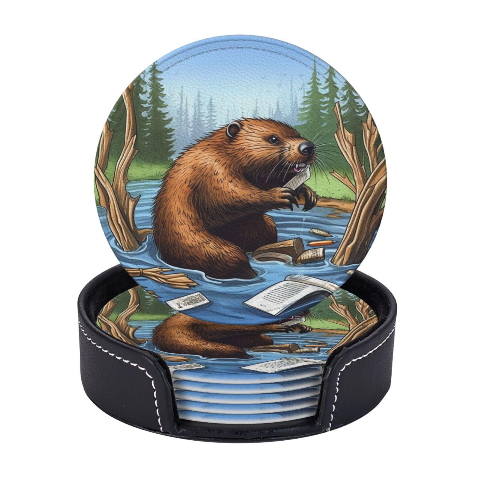 6Pcs PU Leather Coaster for Drinks, Busy Beaver Cartoon Cup Coasters with Holder, Aesthetic Drink Coasters for Coffee Table, Round Coaster for Tabletop Protection 4" Cup Mat Pad