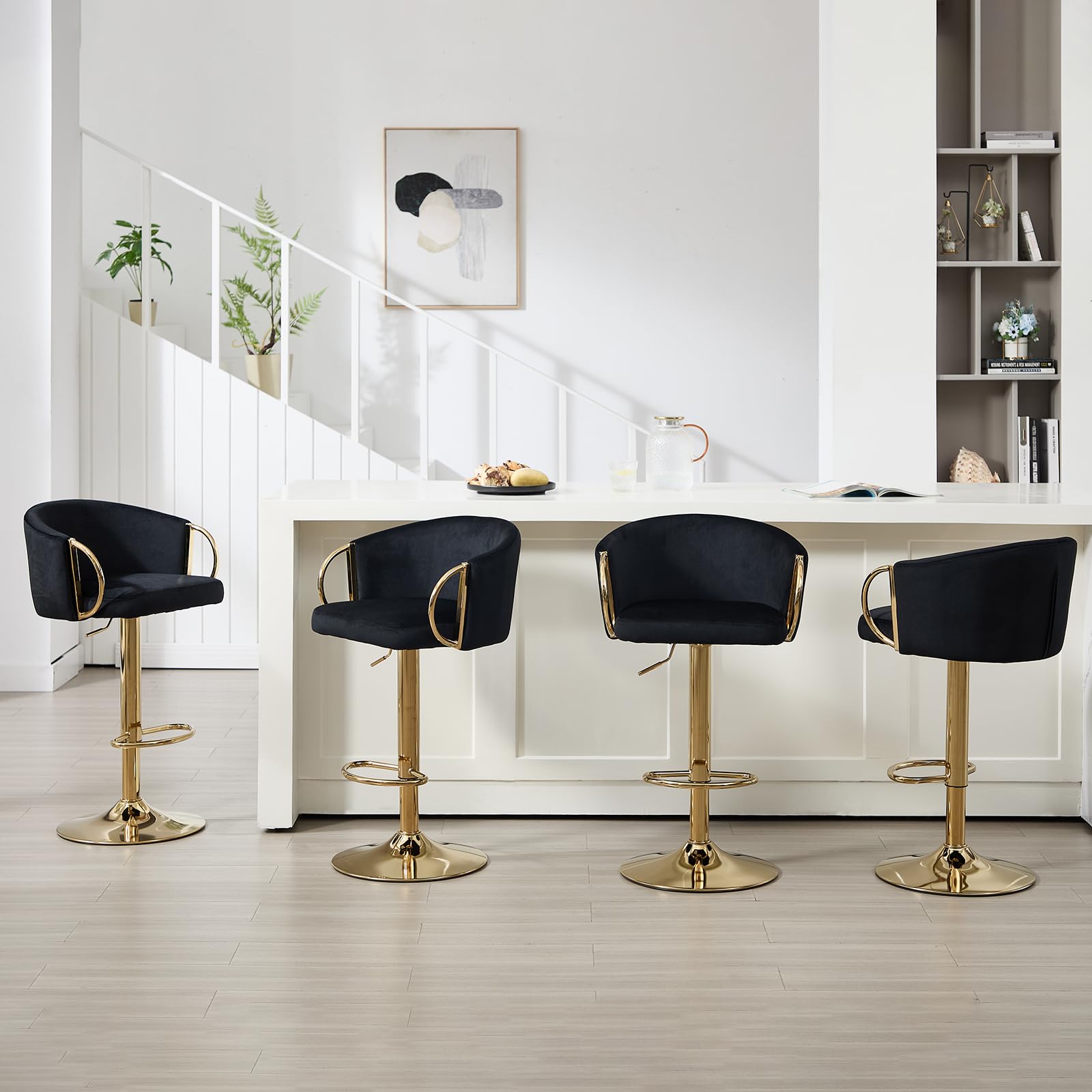 Orirsnug Swivel Counter Height Bar Stools Set of 4, Velvet Barstools with Arms, Upholstered Gold Bar Chair Height Adjustable 24''-33'' Inch, Modern