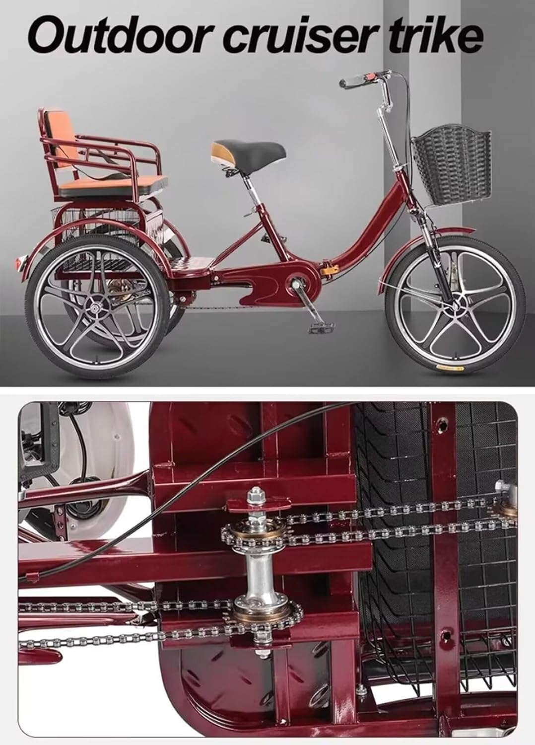 Rickshaw tricycles,Cruiser Trike for Adult and Senior,tricycles with Pedals,Double Chain Drive,Dual Brakes,Folding 3 Wheels Bicycle,Manned Trike with Back seat,Hydra,Pink Spoke Wheel