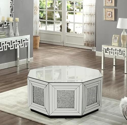 Silver Glass Coffee Table with Drum Base and Glitter Accents