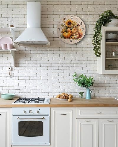 Miniatura 6 de Reloj de pared silencioso de PVC de 10 pulgadas, redondo, con girasol, calabaza, otoño, Acción de Gracias, reloj colgante para cocina, sin tictac,