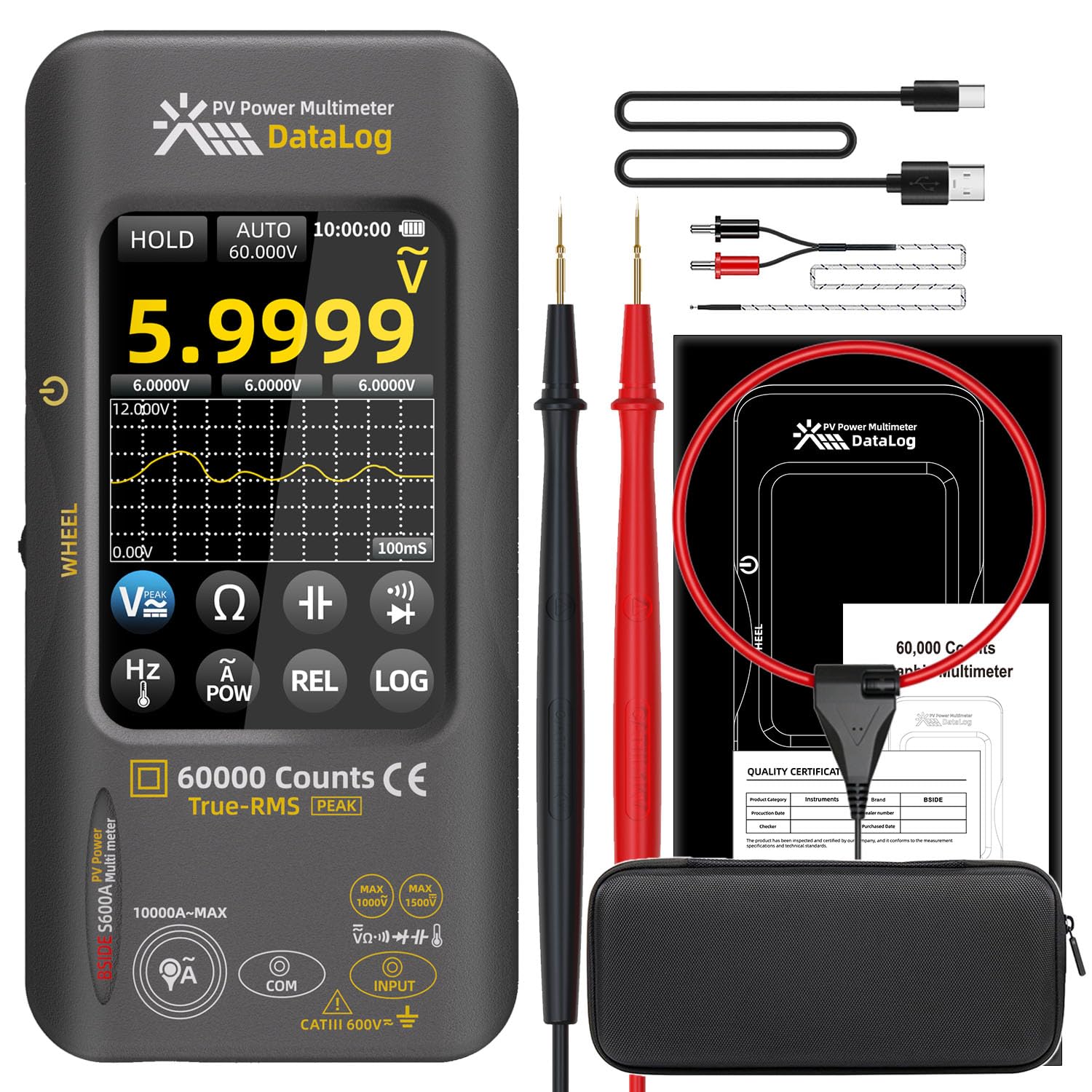 BSIDE S600A Professional Multimeter 60000 Zählungen Touchscreen, Digital und Grafisches Multimeter TRMS 1500V 10000A mit Leistungsmessung & REL Messung, Datenlogger, Flexibler Stromzange