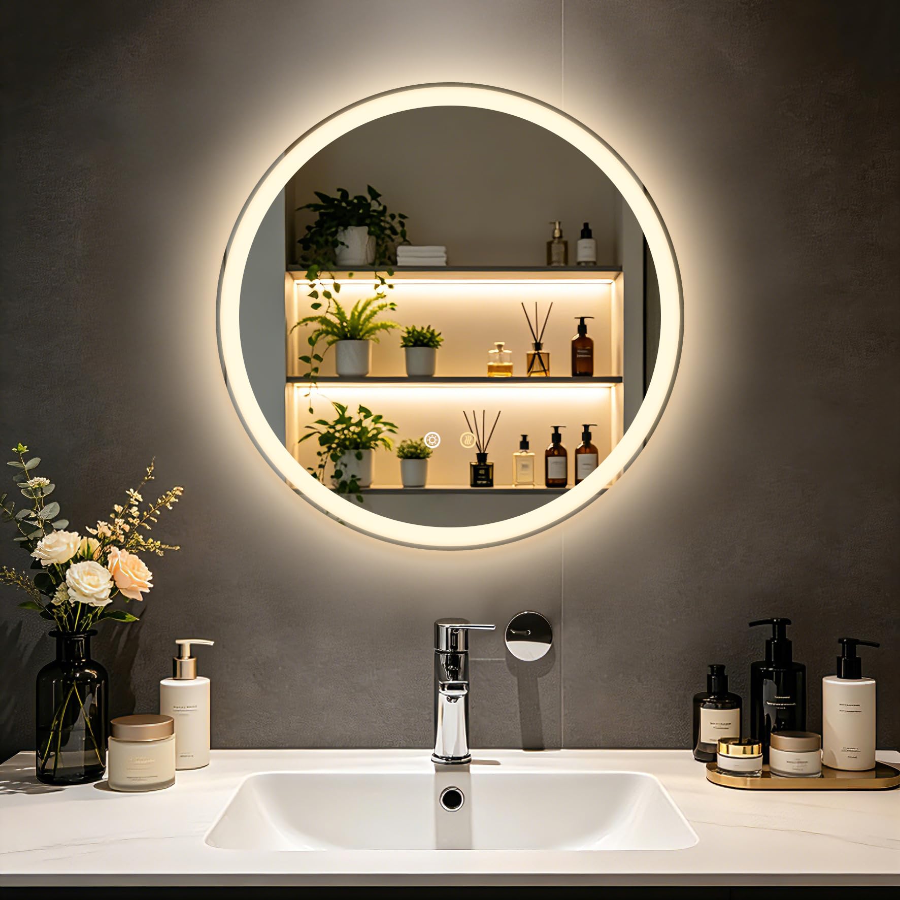 Olyvren 50 cm runder Badezimmerspiegel mit LED-Beleuchtung, Wandmontage – Ansicht 11