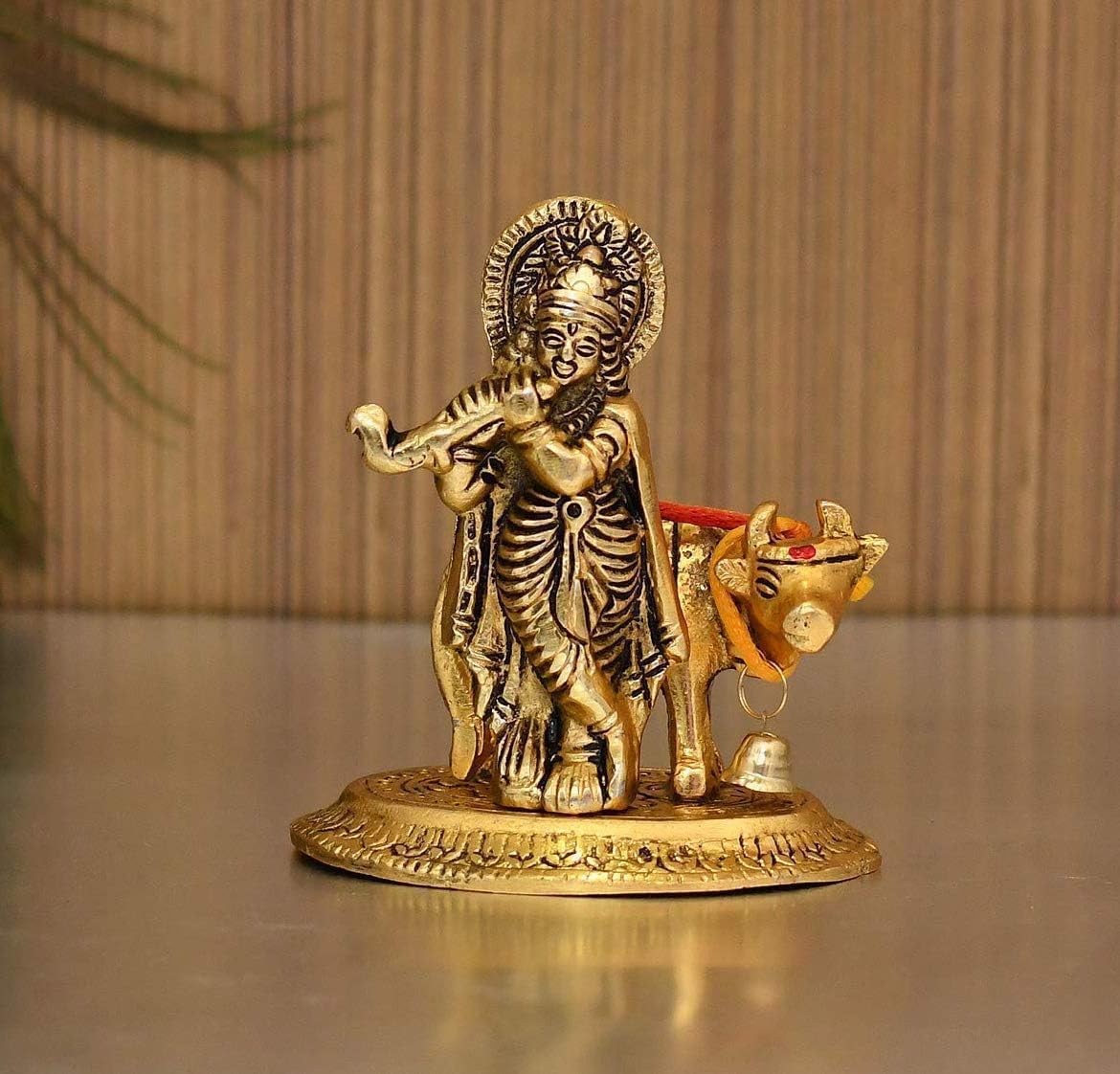 TIED RIBBONSKrishna Statue with Kamdhenu | Metal, 3.9 Inch | Krishna Idol for Home, Mandir | Hindu God Idols for House Warming | Indian Return Gifts for Pooja, Indian Décor, Janmashtami Decoration