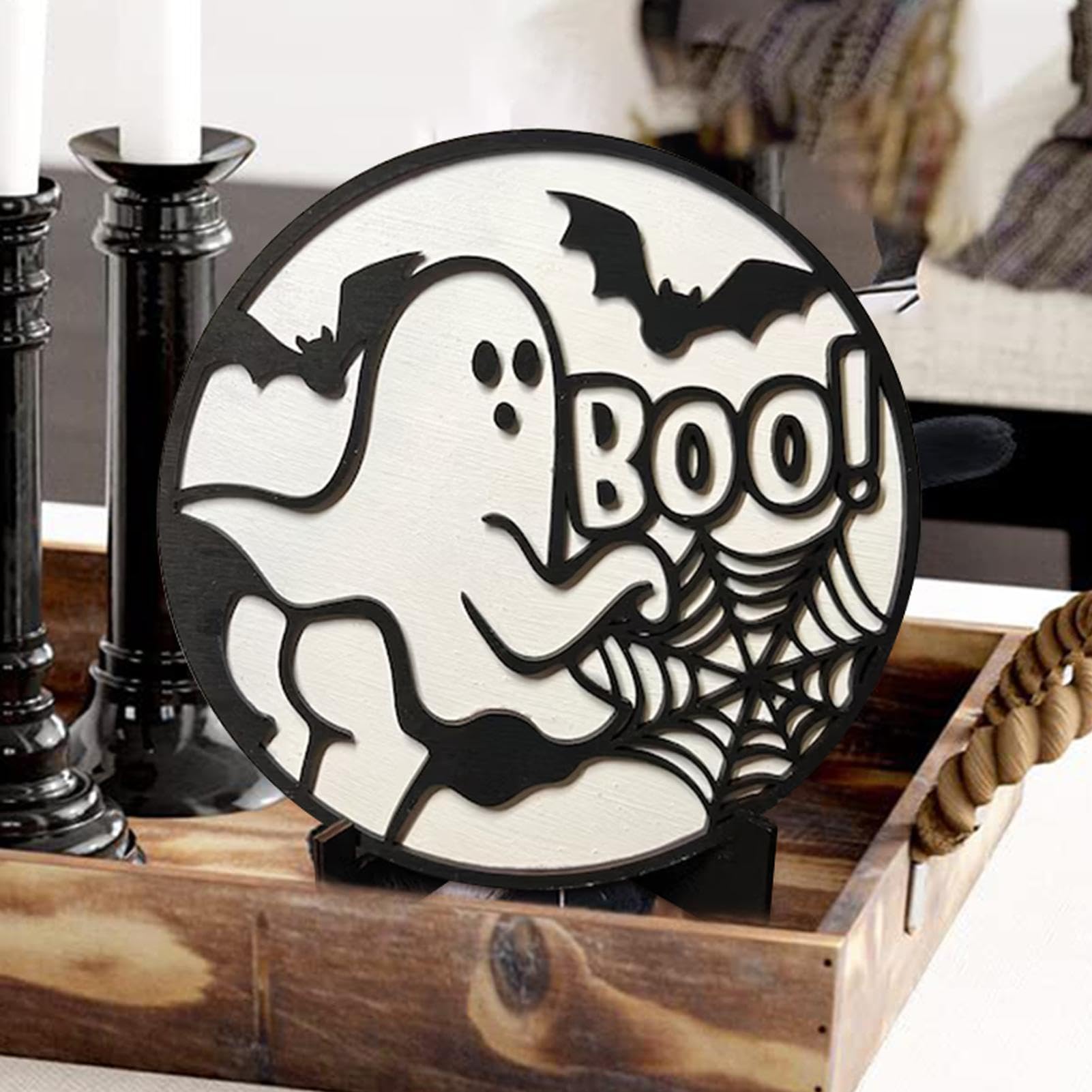 Ornamenti da scrivania in legno di Halloween, decorazioni per il tavolo di Halloween | Cartello da tavolo in legno a tema Halloween,Decorazione del vassoio a più livelli per 'aula domestica, decorazio