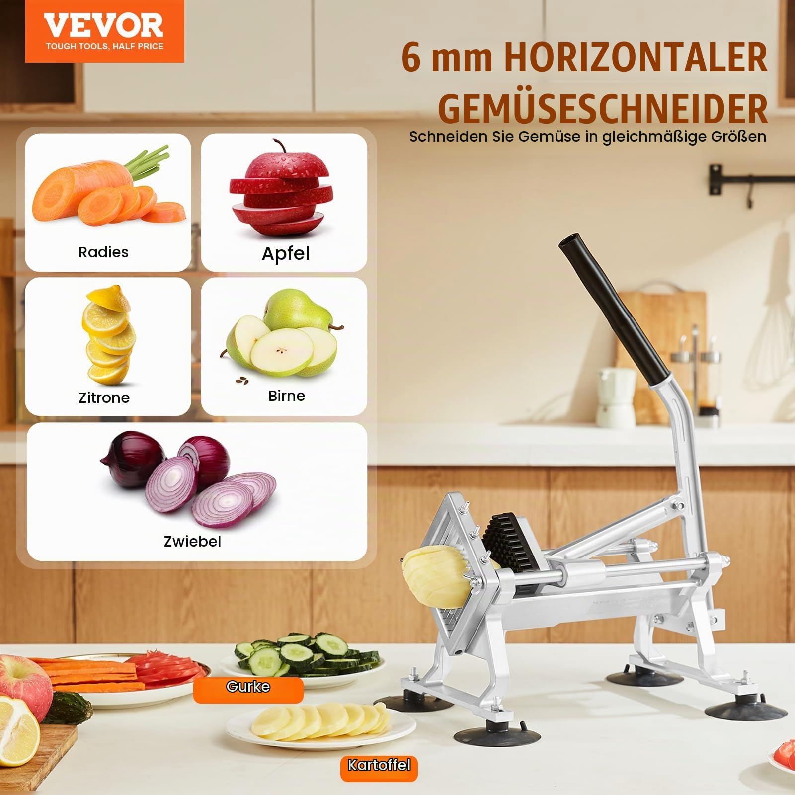 VEVOR Kommerzieller Gemüseschneider 1/4 Zoll, Obstschneider Aus Edelstahl & Aluminiumlegierung, Manuell Für Radieschen, Zwiebeln, Kartoffeln, Zitronen