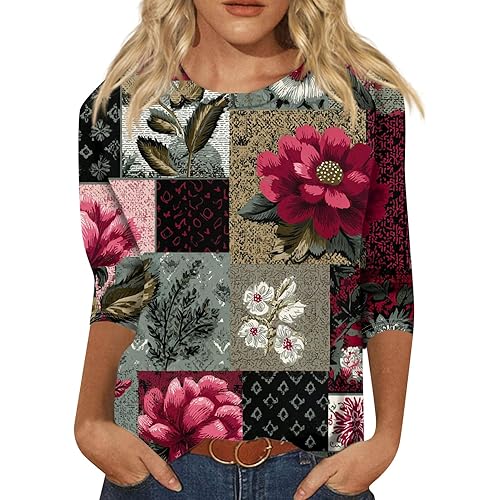 3/4 Sleeve Tops for Women Crew Neck Tops Print Blouses Business Work T Shirts Soft Outfits Vacation Basic Tees