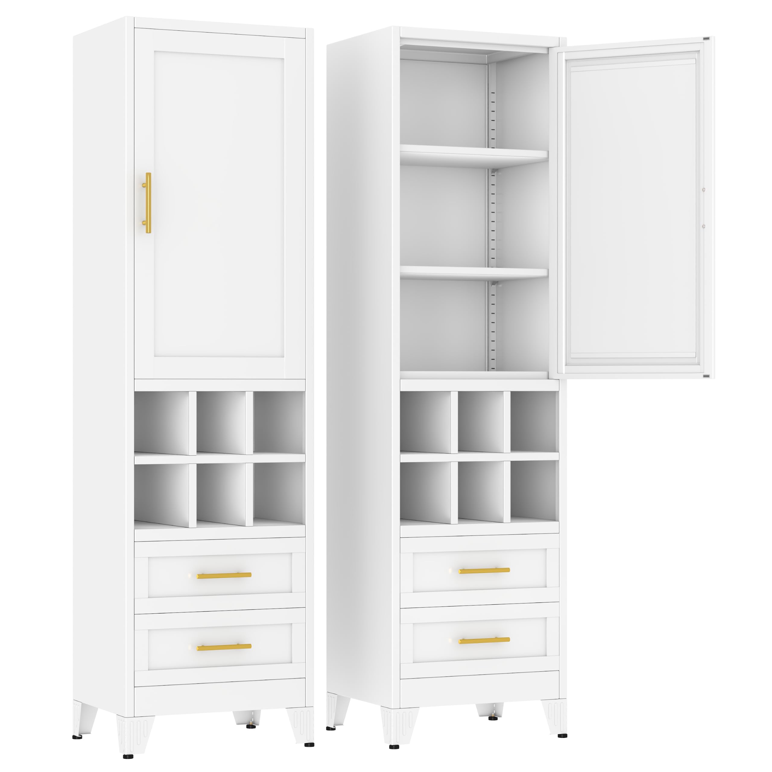 Metal Tall Narrow Storage Cabinet, Freestanding Floor Cabinet with Drawers and Adjustable Shelves, Pantry Storage Cabinets for Bathroom, Living Room, Entryway and Kitchen,White