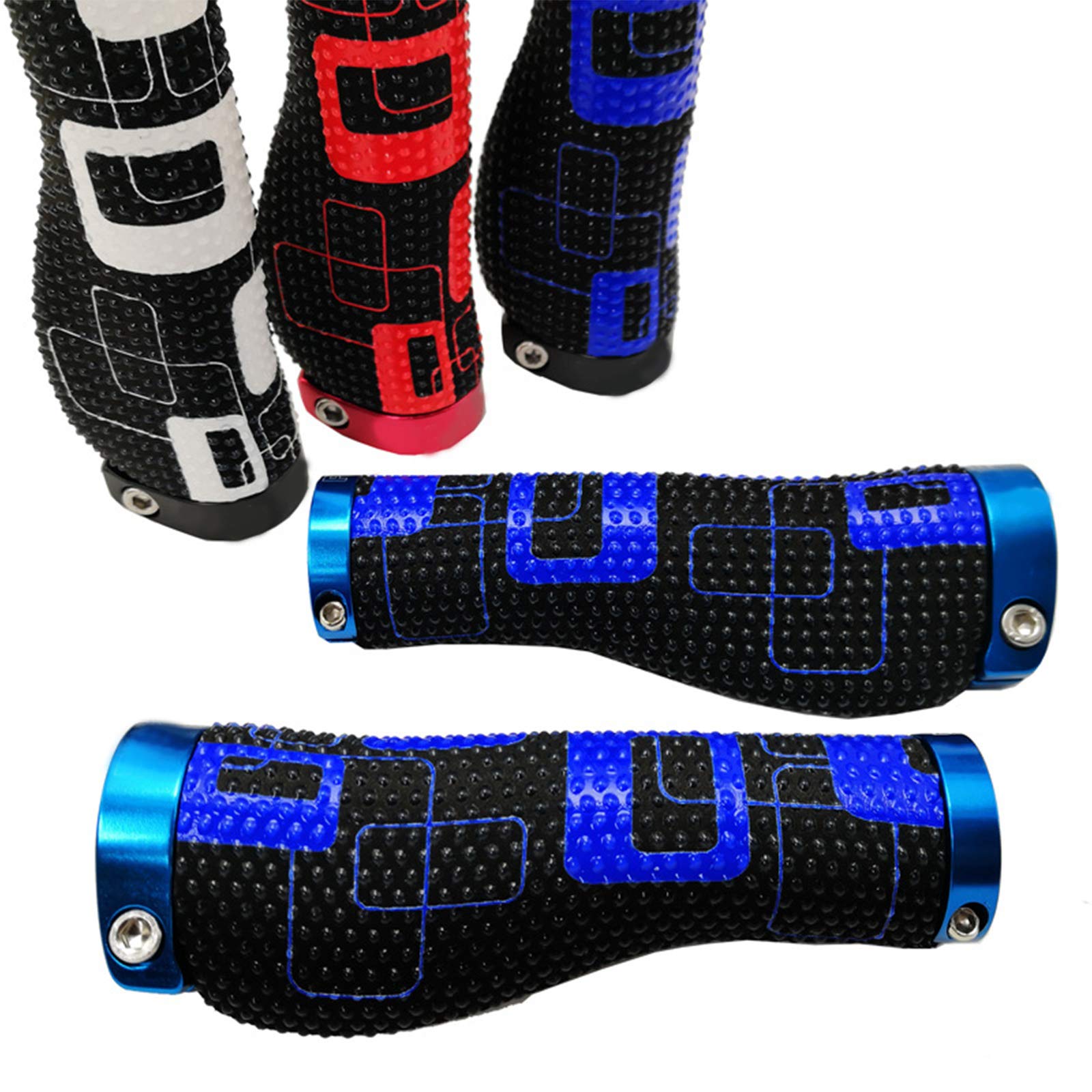 Lenkergriffe, Fahrrad-Lenkergriffe, Silikonpartikel-Griff, mit Doppelverriegelungsclip, geeignet für Mountainbike, Elektroauto, schwarz, rot, roter Ring (Farbe: schwarz, blau, blauer Ring)