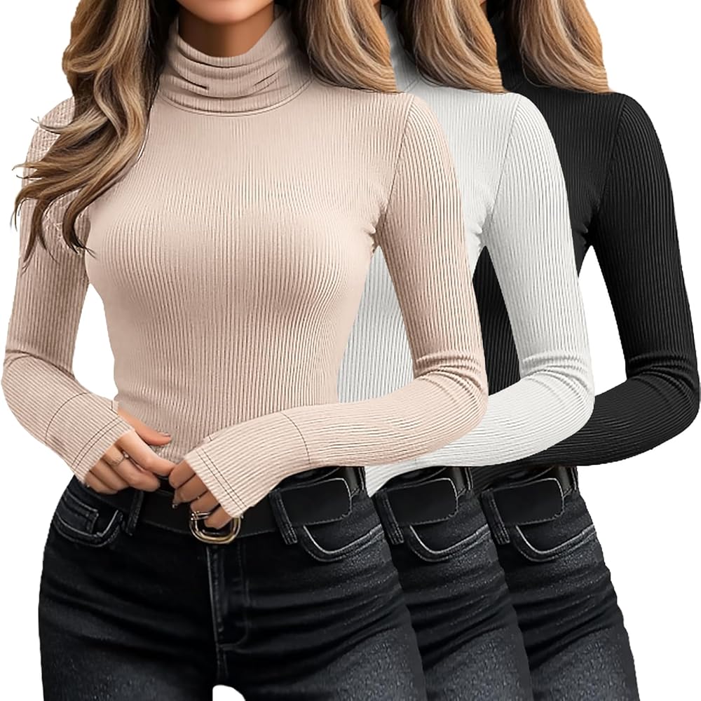 Huukeay 3 Pack Women's Long Sleeve Turtleneck Tops, Slim Fit