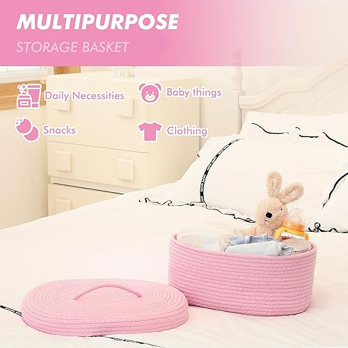 Miniatura 9 de Sea Team Round Cotton Rope Storage Basket with Lid, Lidded Woven Storage Bin, Nursery Storage Container, Diaper Caddy, Baby Shower Basket, Box, Cream