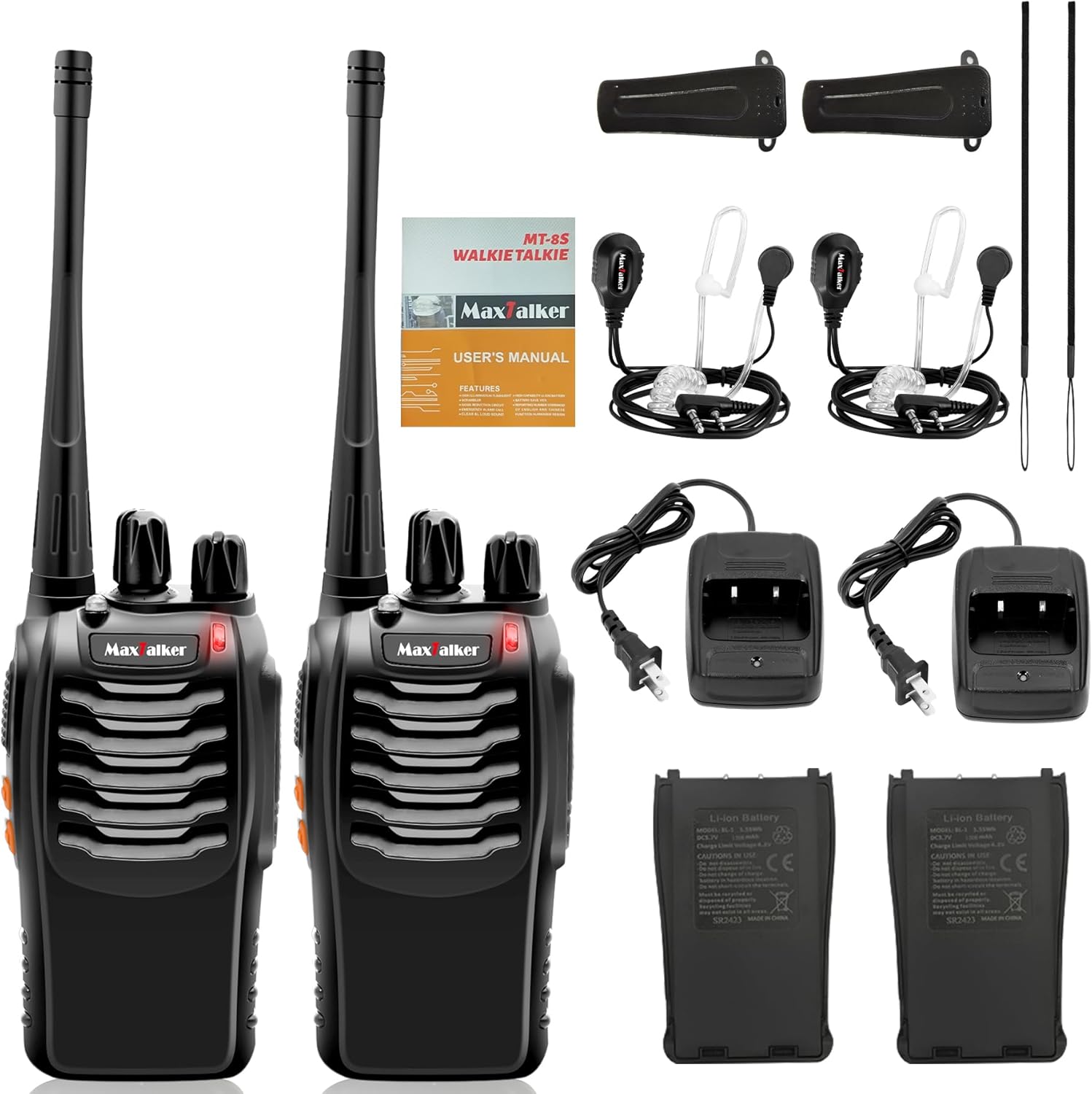 Rechargeable Walkie Talkies Long Range: MaxTalker MT-8S Walkie Talkie with Earpiece, Flashlight, VOX 1500mAh Battery, Walkie Talkies for Adults Business, Hunting Camping Essentials, 2 Pack