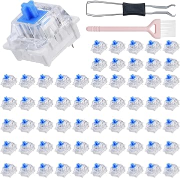 60PCS Mechanical Keyboard, Keyboard Clickers for DIY and Clickers for 3D Printing with Puller & Brush, Tactile Keyboard Blue Clicky, White Base