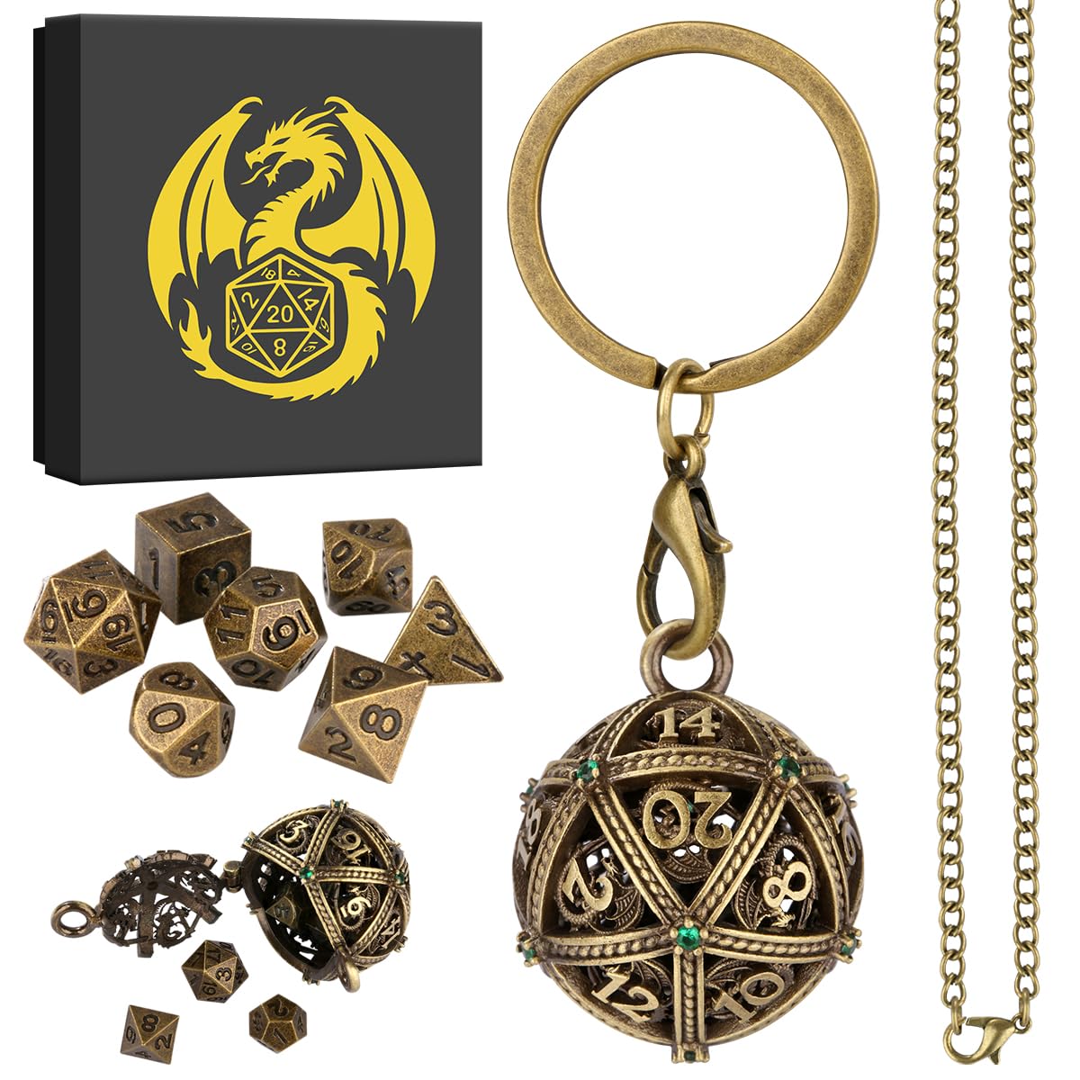 Mini DND Dice Set including Keychain Necklace Pocket Chain Spherical Hollow D20 Metal Case - Image 2