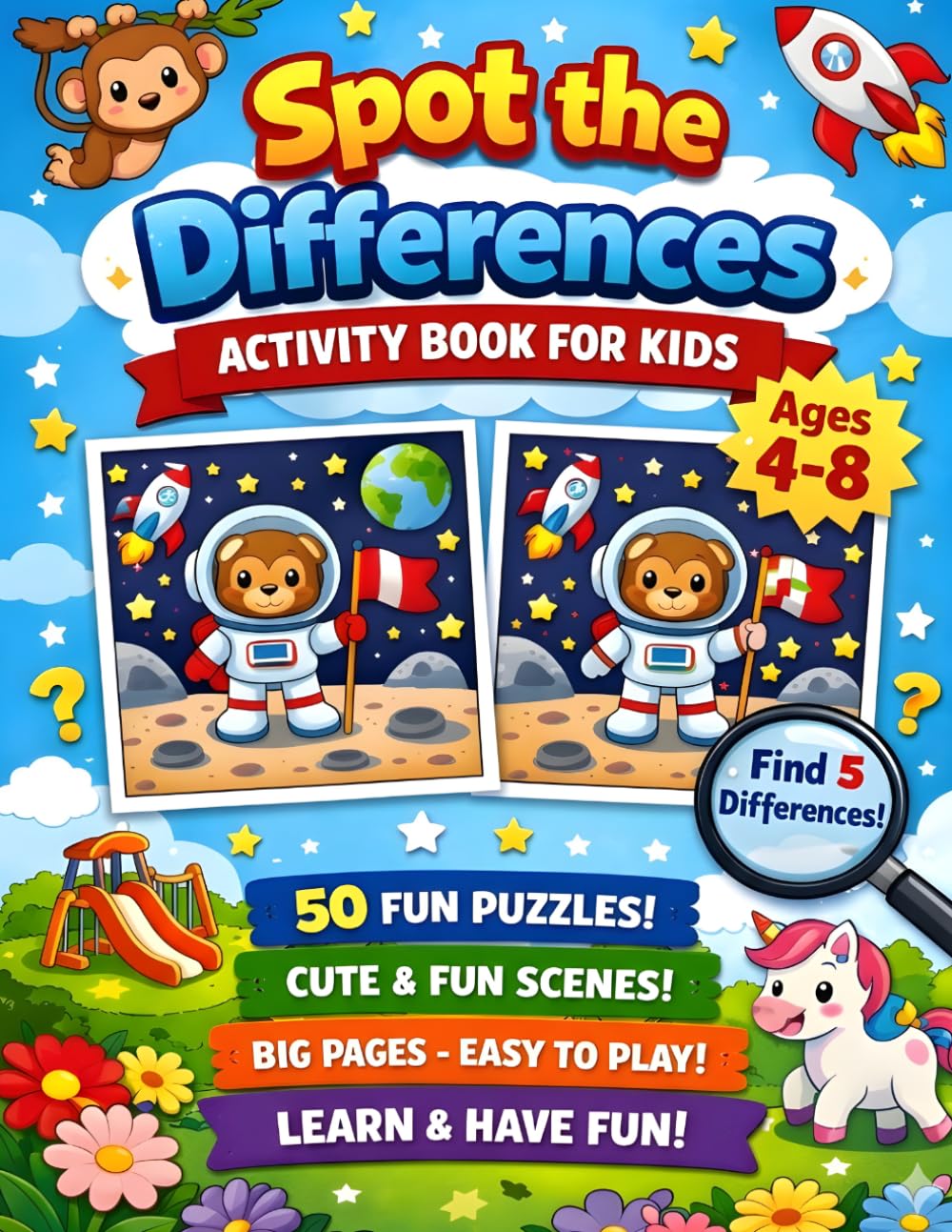 Spot the Differences Activity Book for Kids: Find 5 Differences in Every Puzzle | 50 Fun Brain Games with Cute Scenes | Improve Focus, Observation & Problem-Solving Skills | Ages 4–8