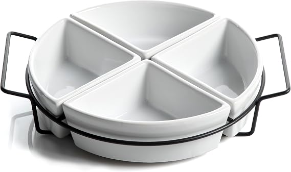 Gibson Elite Gracious Dining Dinnerware, 4-Section Tray Set with Metal Rack, White