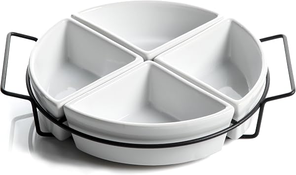Gibson Elite Gracious Dining Dinnerware, 4-Section Tray Set with Metal Rack, White