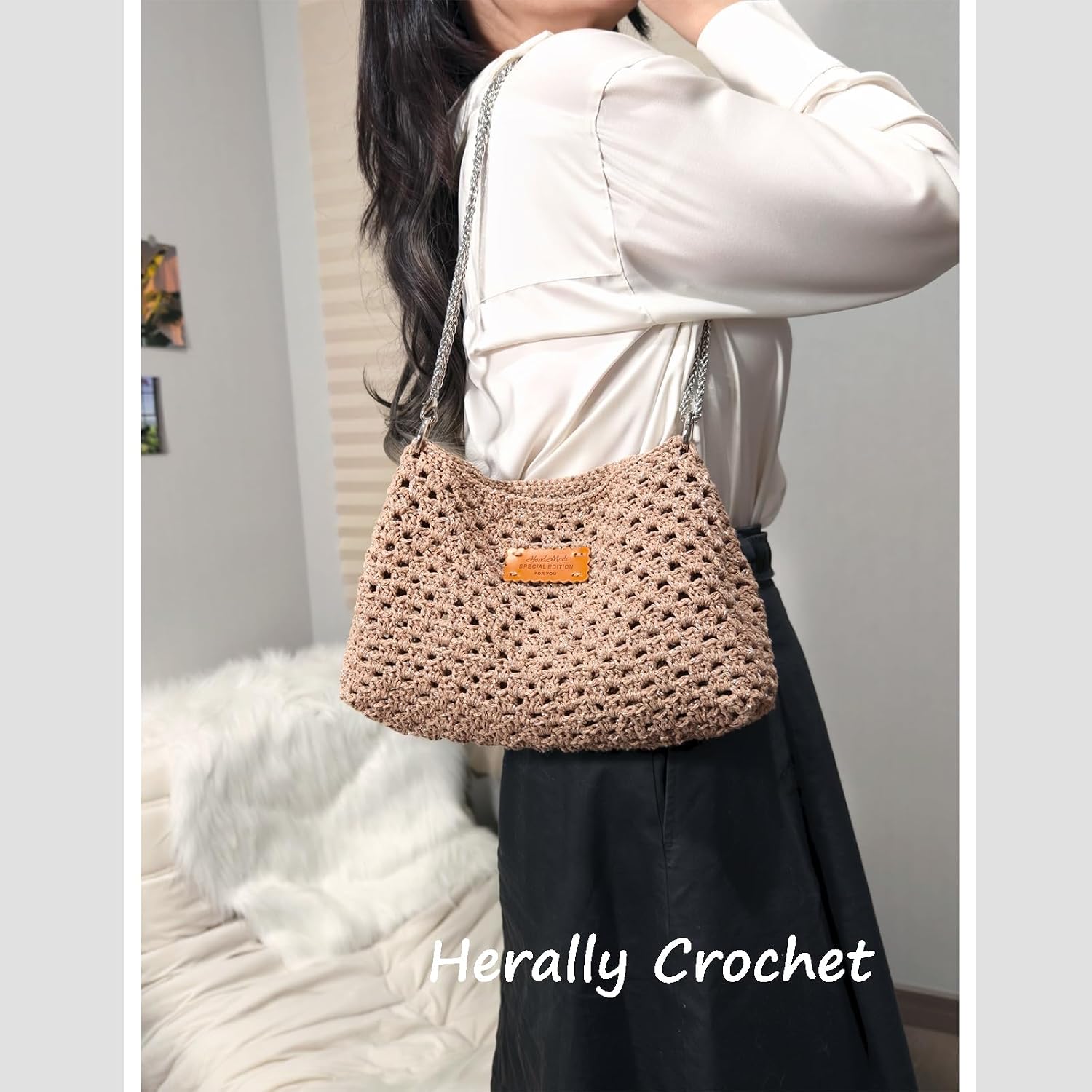 Herally Crochet Kit DIY for Beginners - Include Yarn, Hook and Accessory - with Step by Step Video Tutorials - Shiny Pochette Bag (Brown)