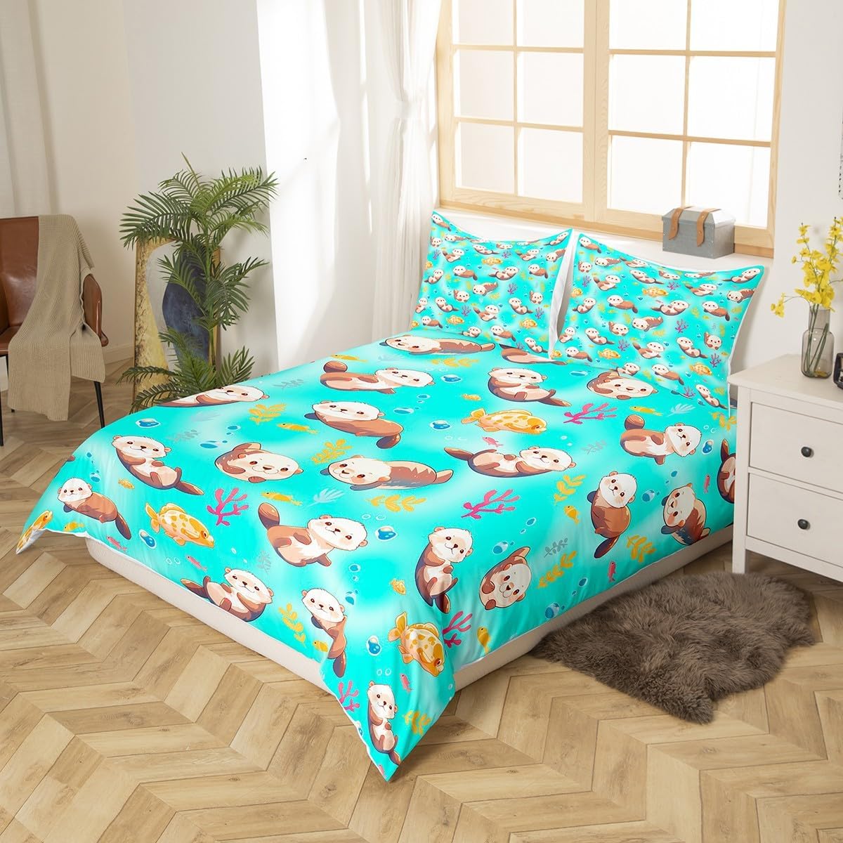 Cute Otter Duvet Cover Set Toddler Size,Cartoon Animals Bedding Set for Kids Girls Boys Teens Room Decor,Underwater Animals Comforter Cover Coral Fish Plant Watercolor Green Quilt Cover,1 Pillowcase