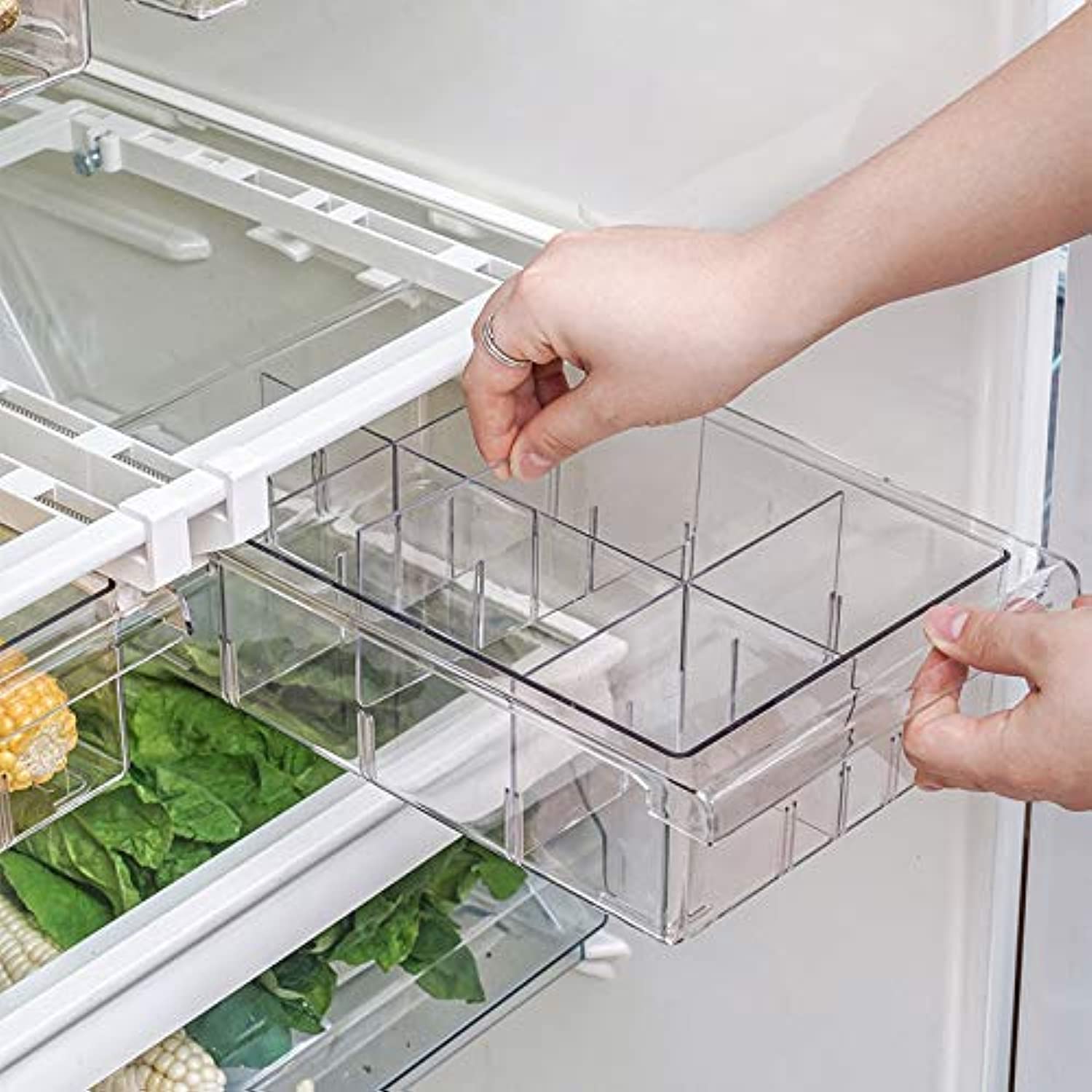 Food Storage Container Fridge Organizer Pull out Drawer Sliding Bin for Refrigerator under Shelf Holder Space Saver Organiser (With 8 Grids)